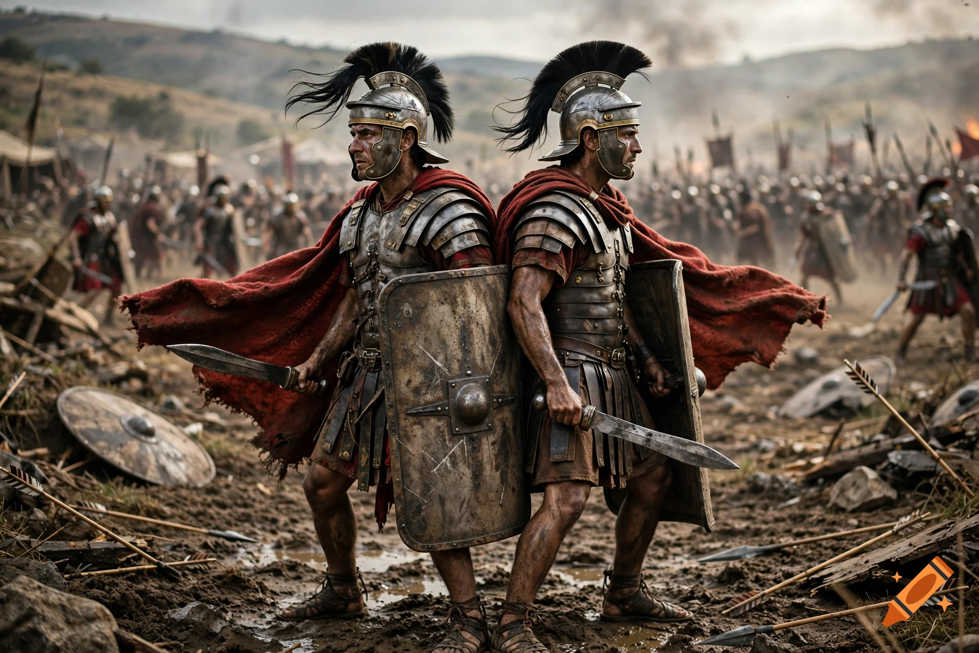 Photorealistic image of two Roman soldiers standing back-to-back on a muddy battlefield holding shields and swords.