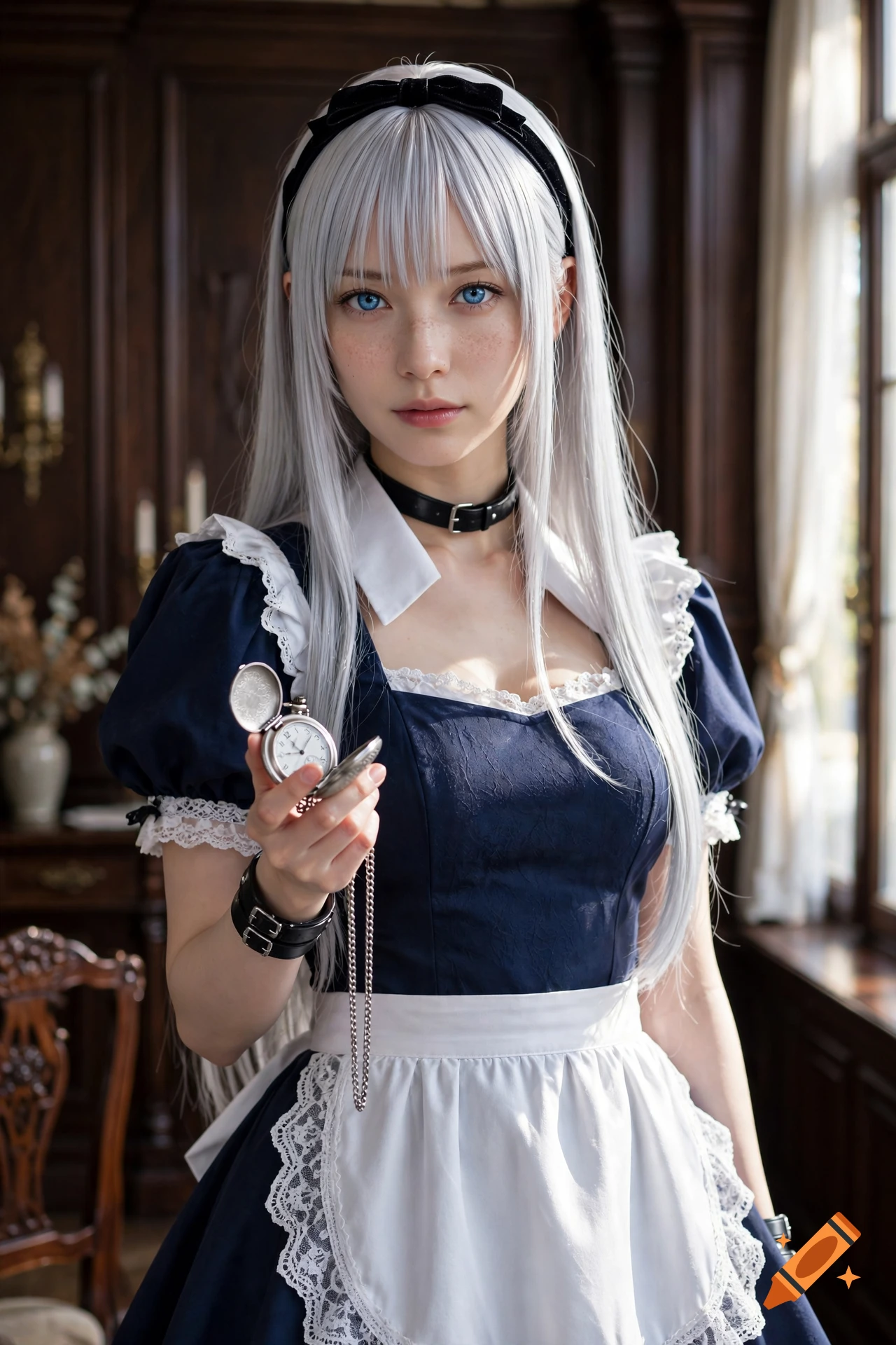 Photorealistic portrait of a young woman with silver hair and blue eyes, wearing a blue and white maid dress, holding a pocket watch.