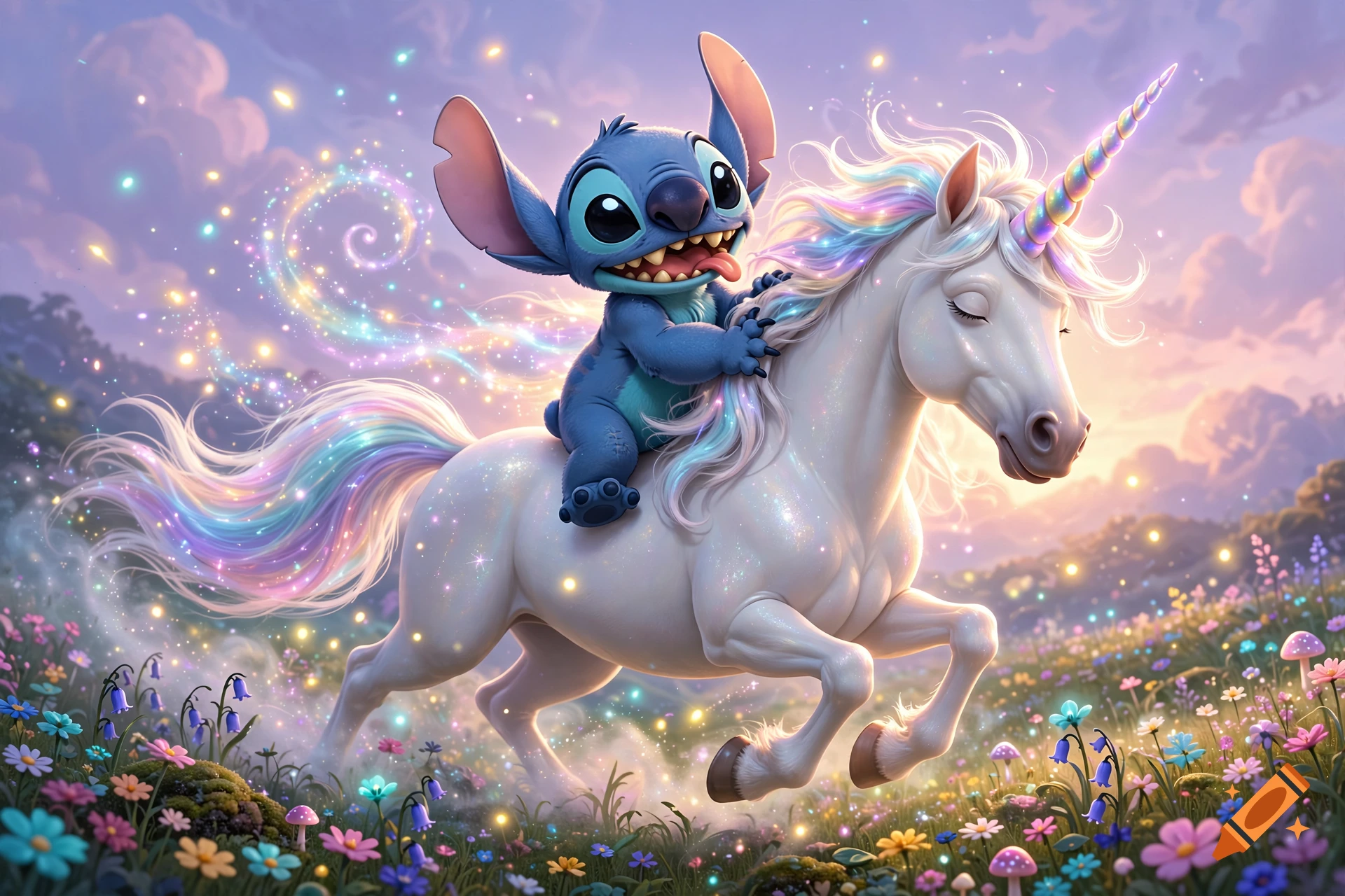 Digital illustration of Stitch riding a white unicorn with a rainbow mane through a flowery meadow at sunset.