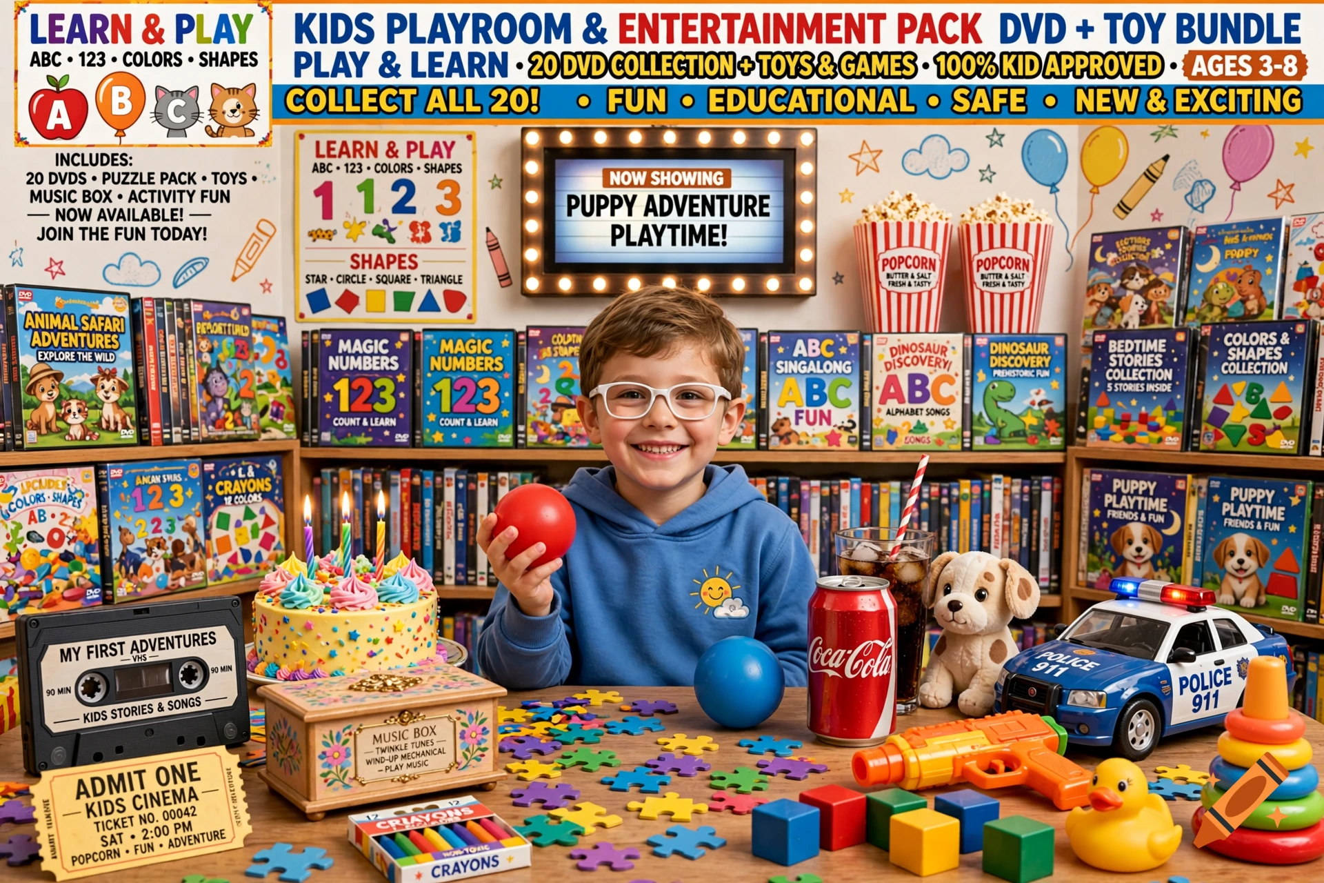 A young boy wearing glasses smiling while holding a red ball, surrounded by various toys, books, and DVDs in a playroom.