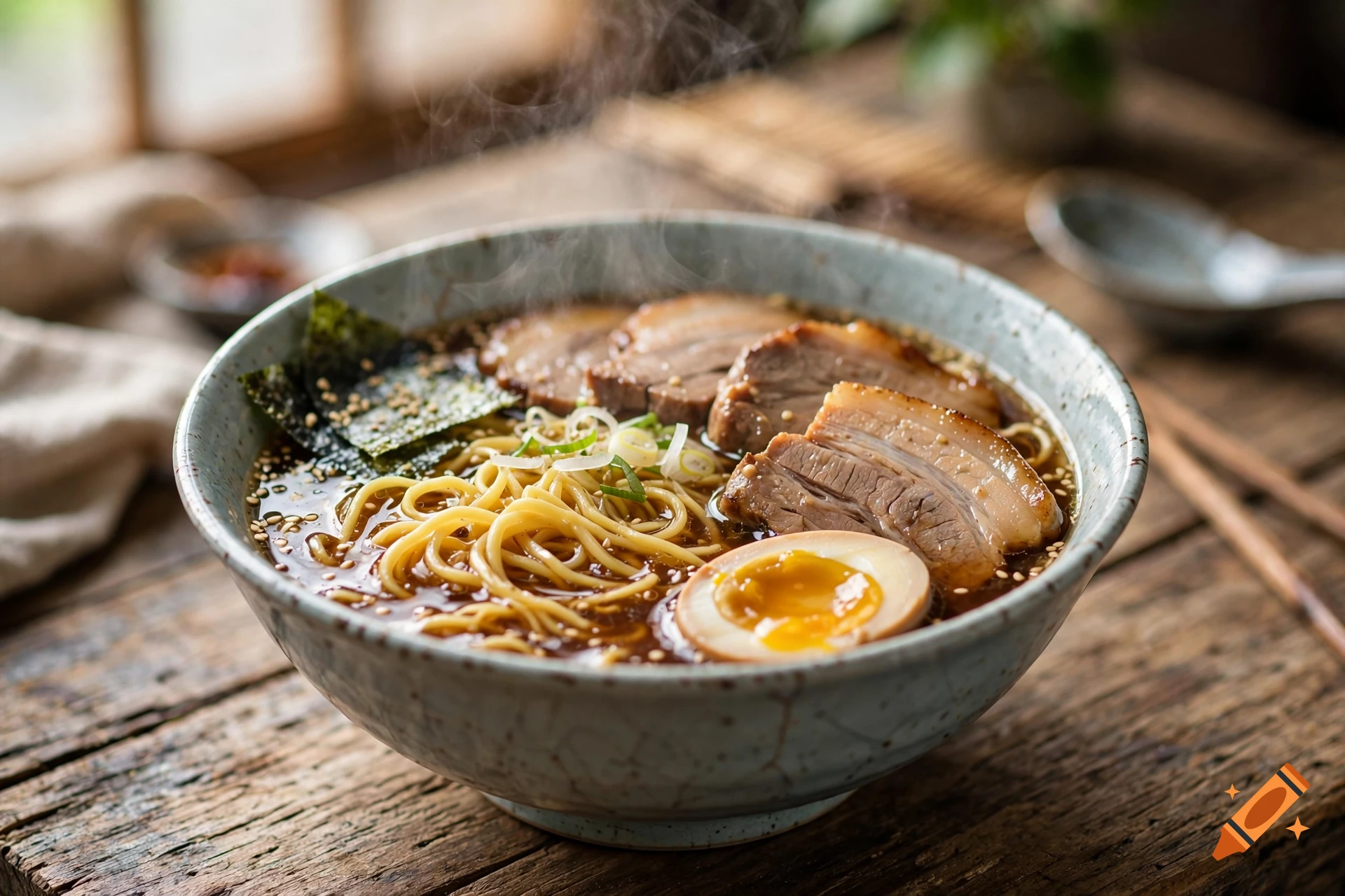 A bowl of Japanese ramen with thin yellow noodles, rich broth, chashu pork, soft-boiled egg, and nori, photorealistic food photography.