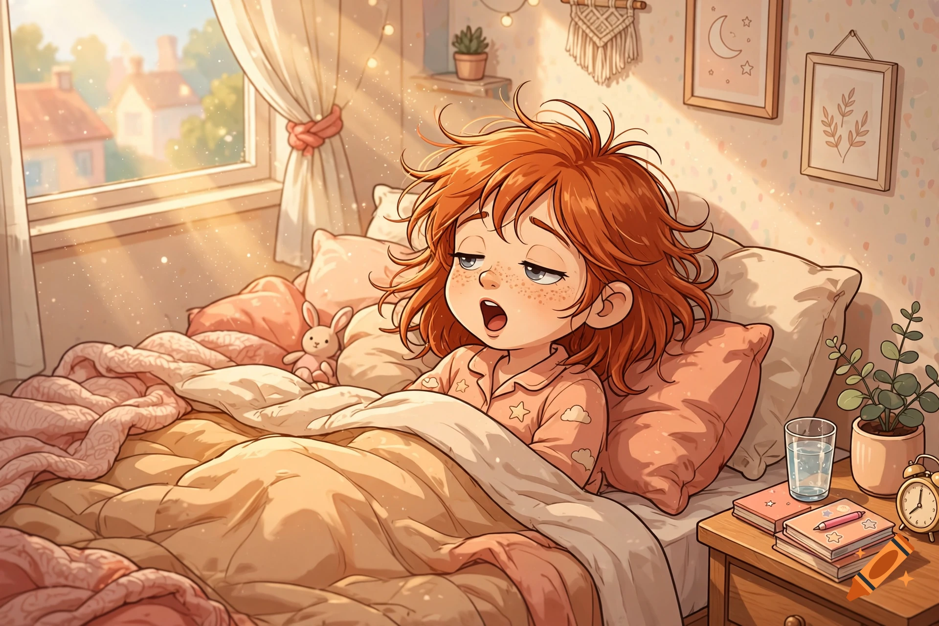 Cartoon illustration of a red-headed girl waking up and yawning in bed during a sunny morning.