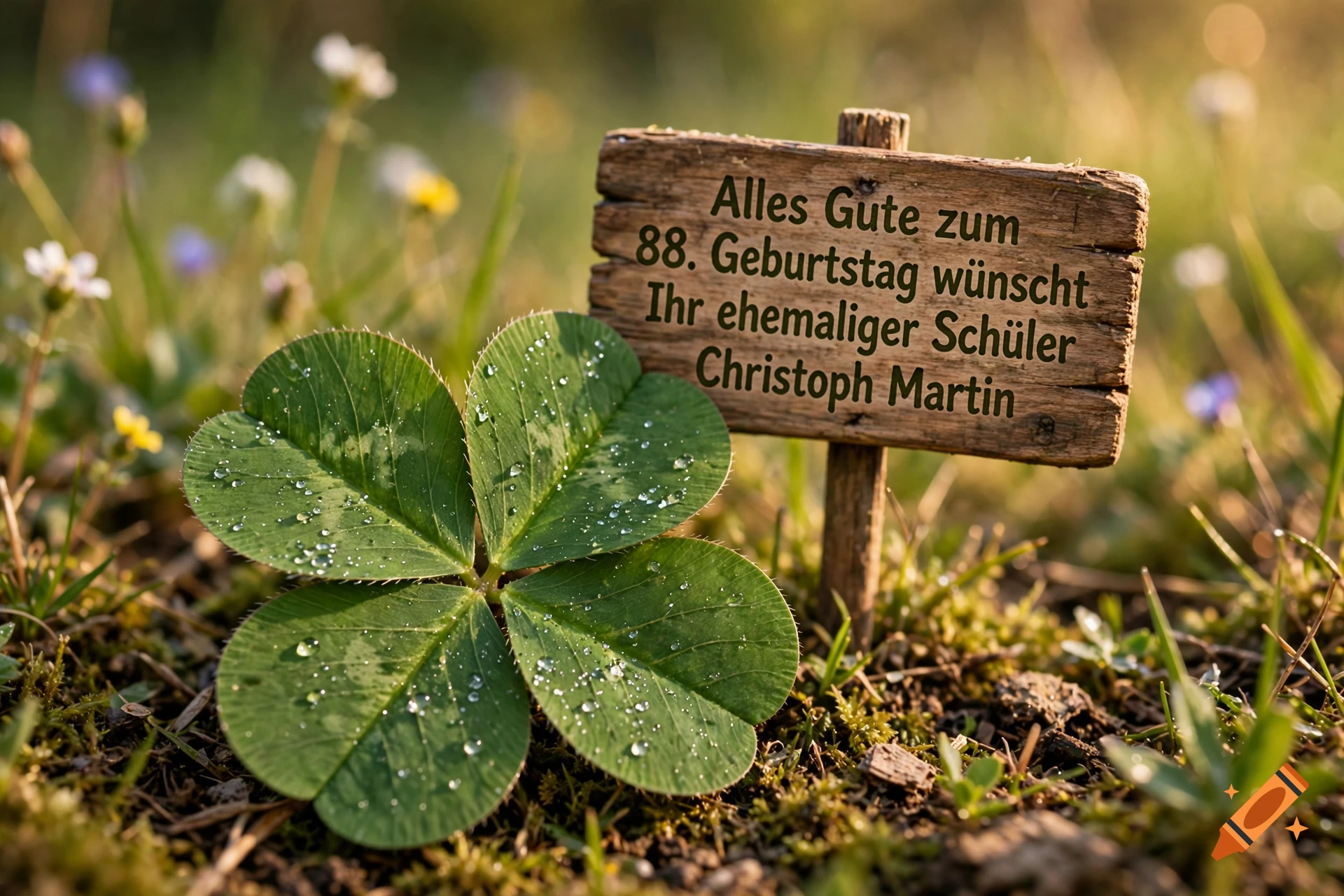 A four-leaf clover with dew drops next to a wooden sign with German birthday wishes in a sunny meadow, photorealistic.