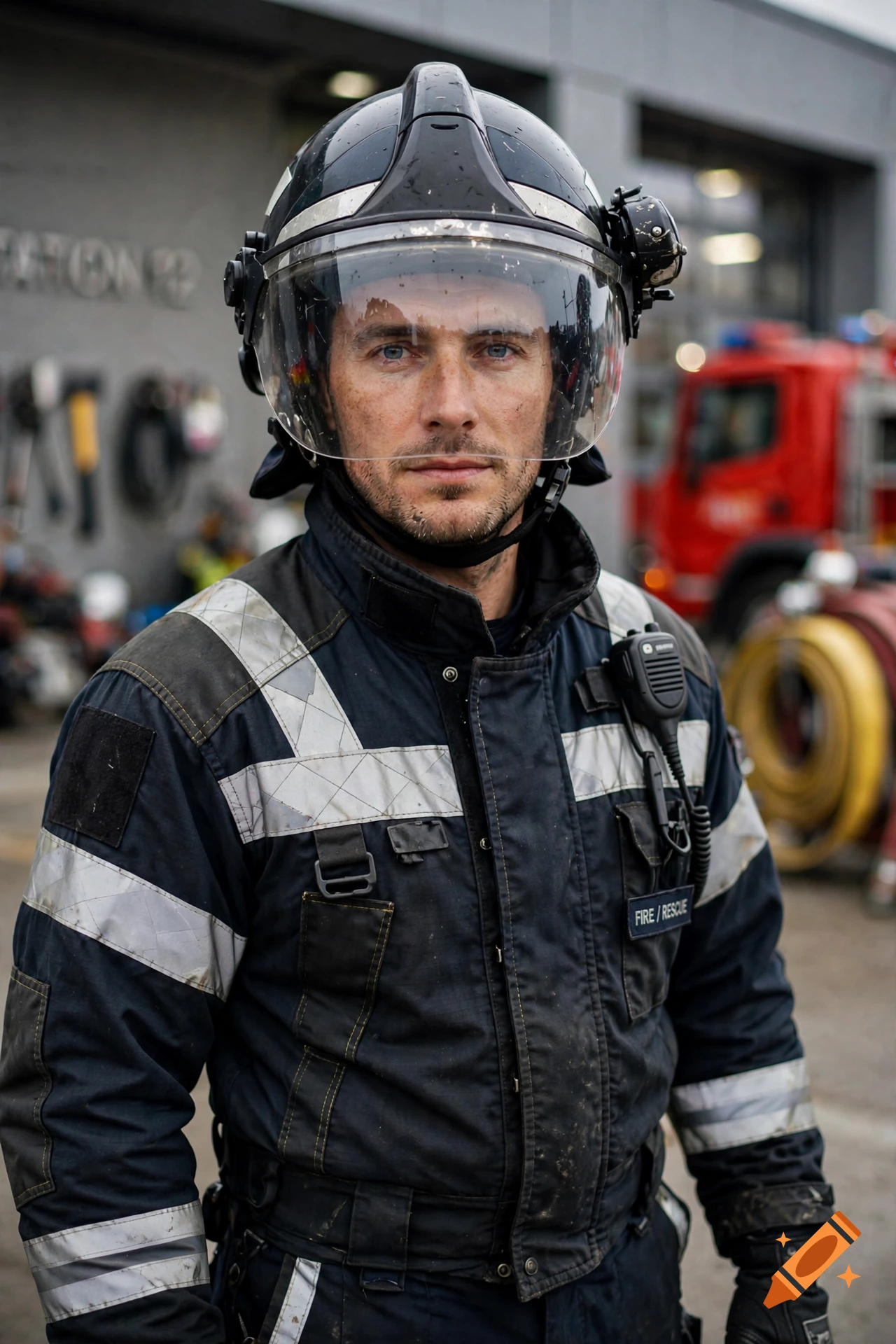 Close-up photorealistic portrait of a male firefighter wearing a uniform and helmet with a clear visor.