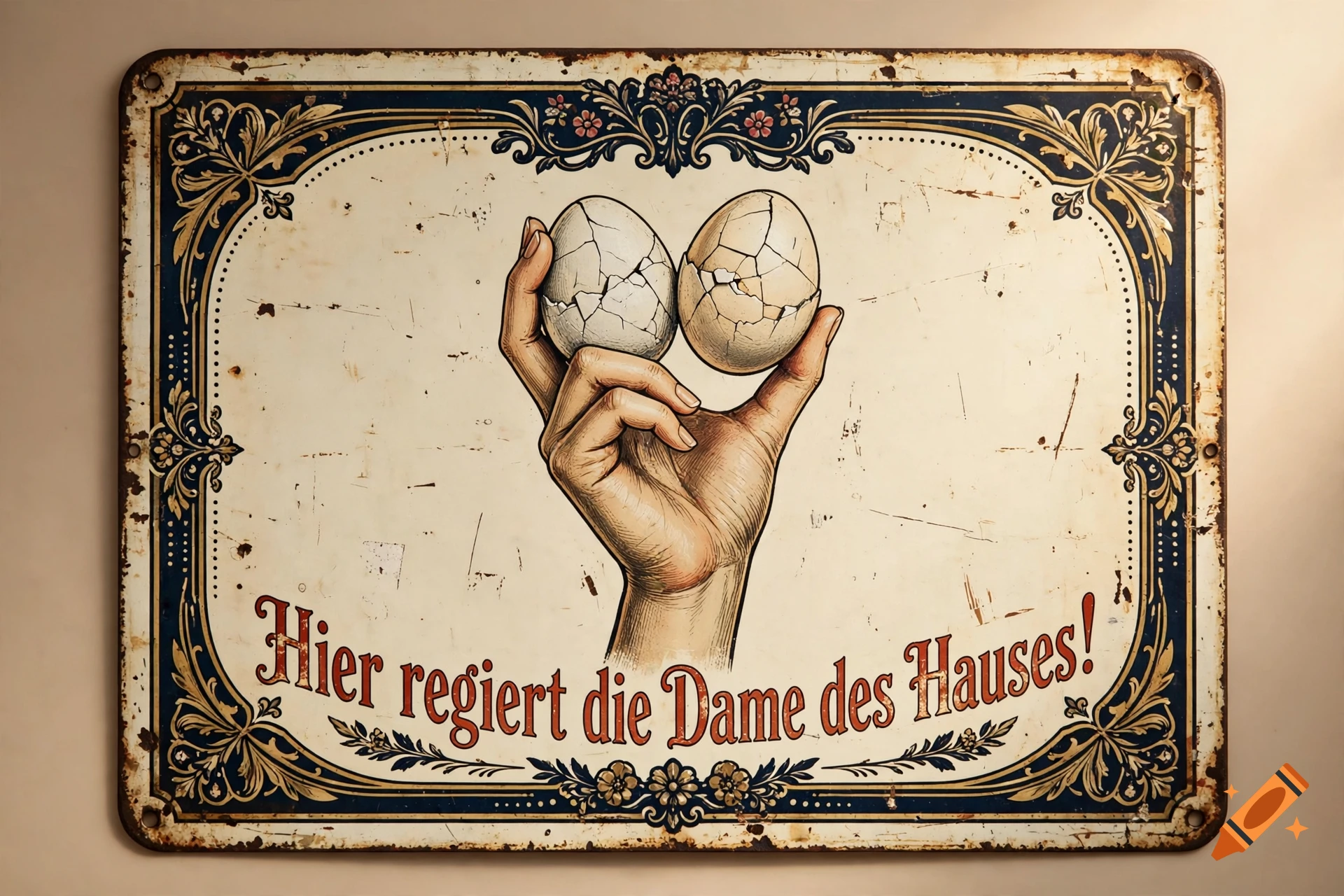 Vintage metal sign with a hand holding two cracked eggs and the German text 'Hier regiert die Dame des Hauses!'