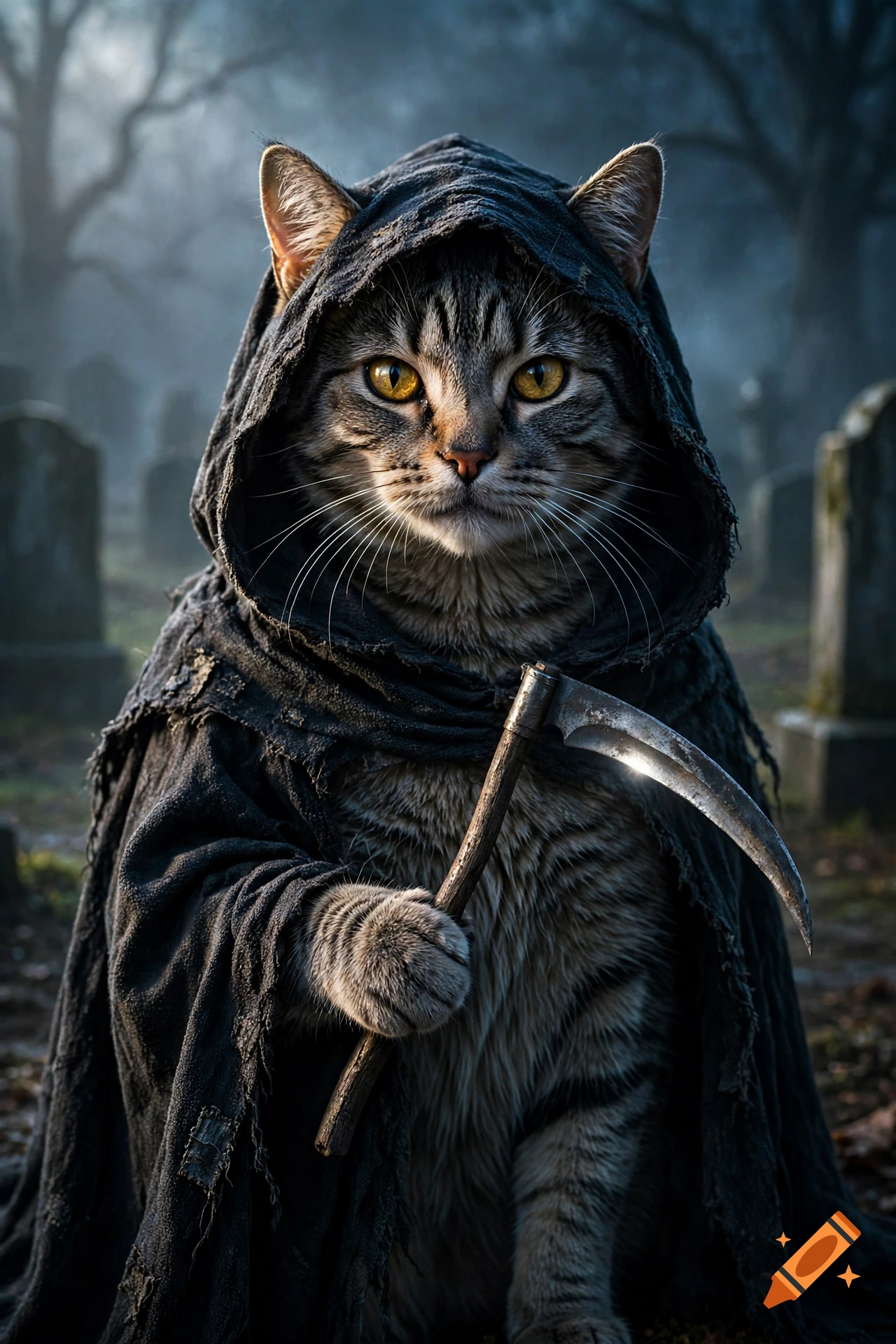 Photorealistic image of a tabby cat dressed as the grim reaper holding a scythe in a foggy graveyard.