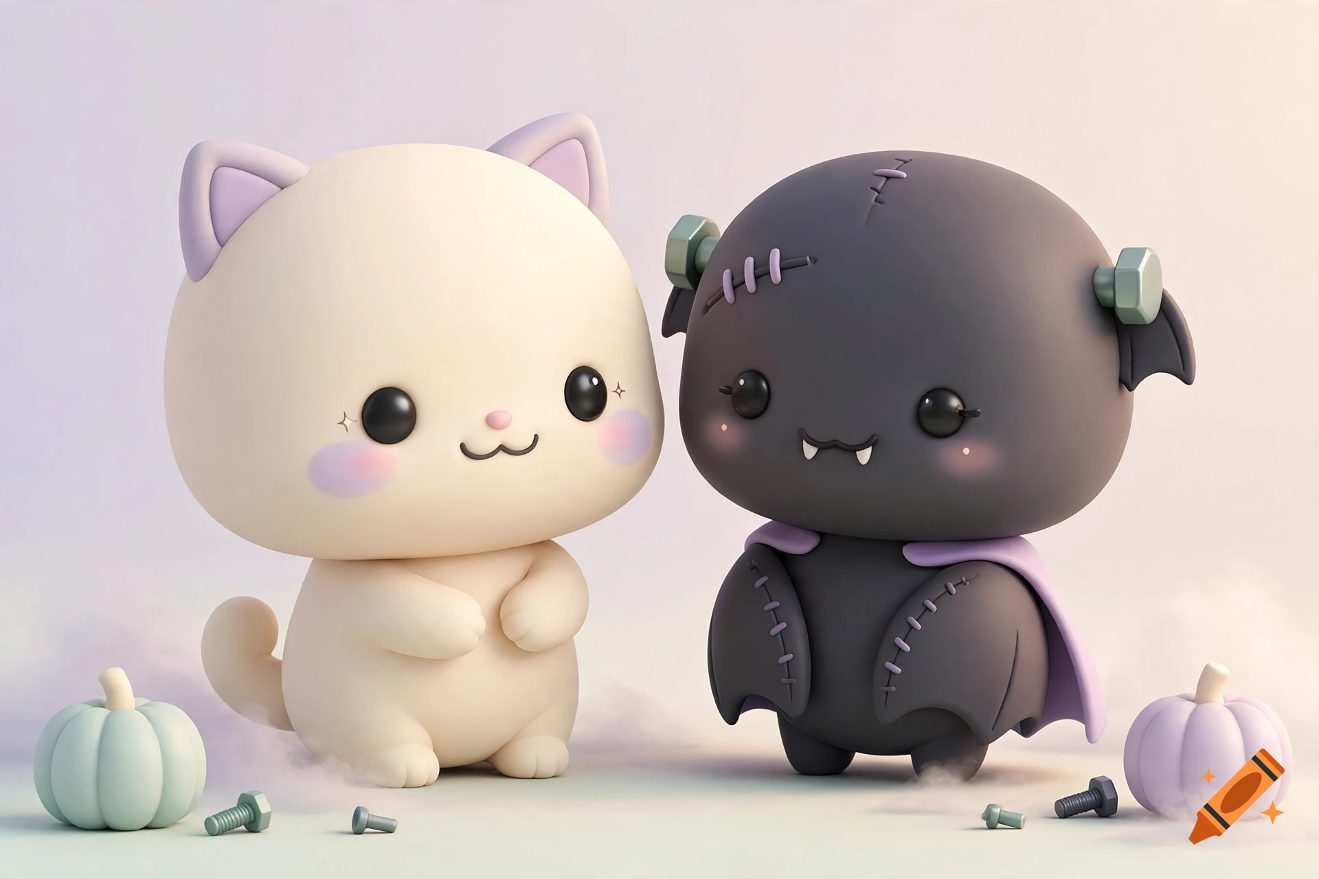 Chibi 3D render of a cute cream-colored cat and a dark bat dressed as Frankenstein's monster with a cape, standing on a light surface with pumpkins.