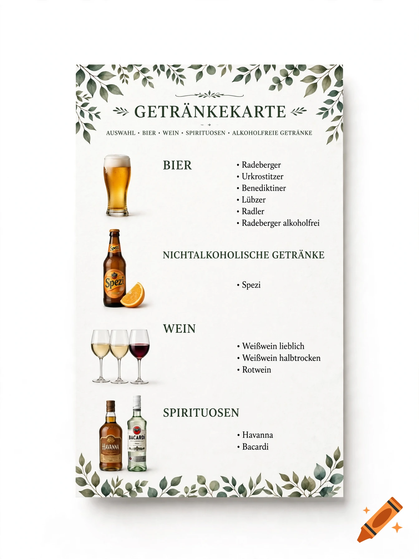 A German drinks menu titled 'Getränkekarte' featuring categories for beer, non-alcoholic drinks, wine, and spirits with accompanying product photos and botanical leaf decorations.
