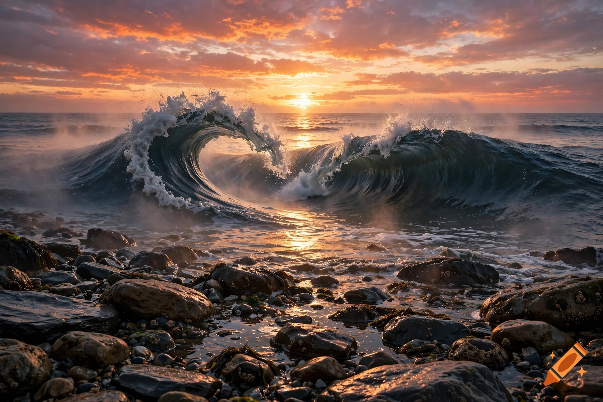 Photorealistic sunset over the ocean with a wave forming a heart shape breaking over a rocky beach.