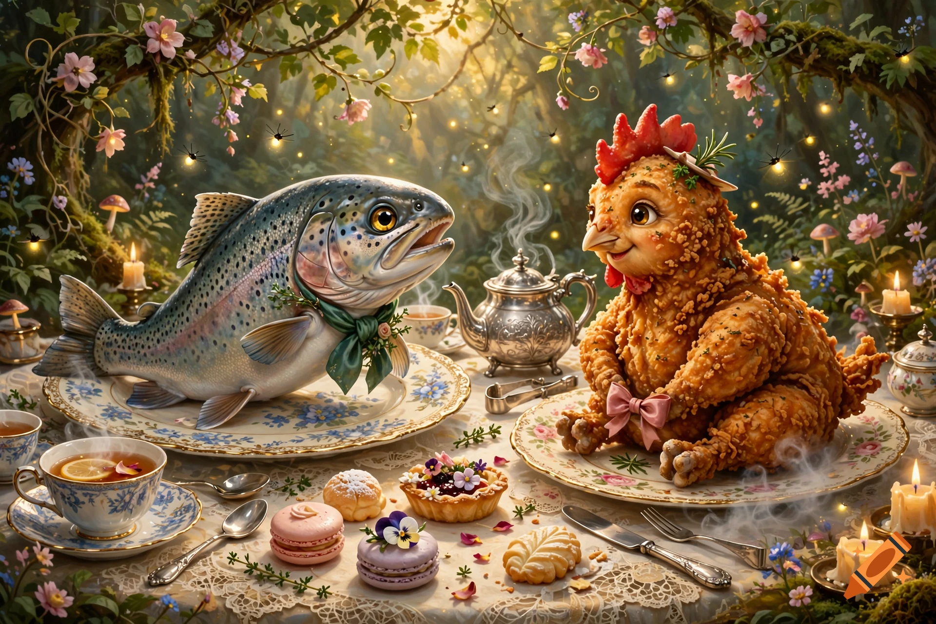 Fantasy painting of a trout and a fried chicken dressed up at a tea party in a magical forest.
