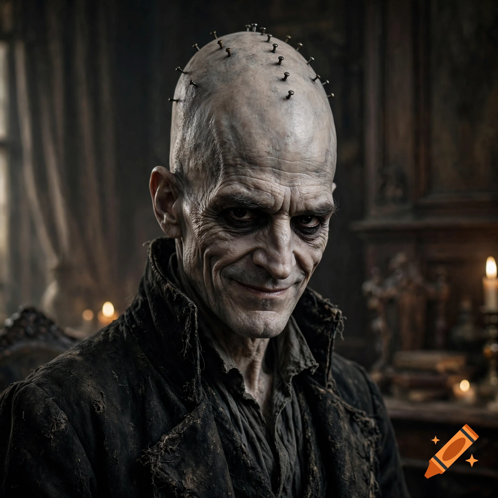 Photorealistic portrait of a bald, eerie man with nails driven into his skull, wearing a ragged dark coat, in a dimly lit room.