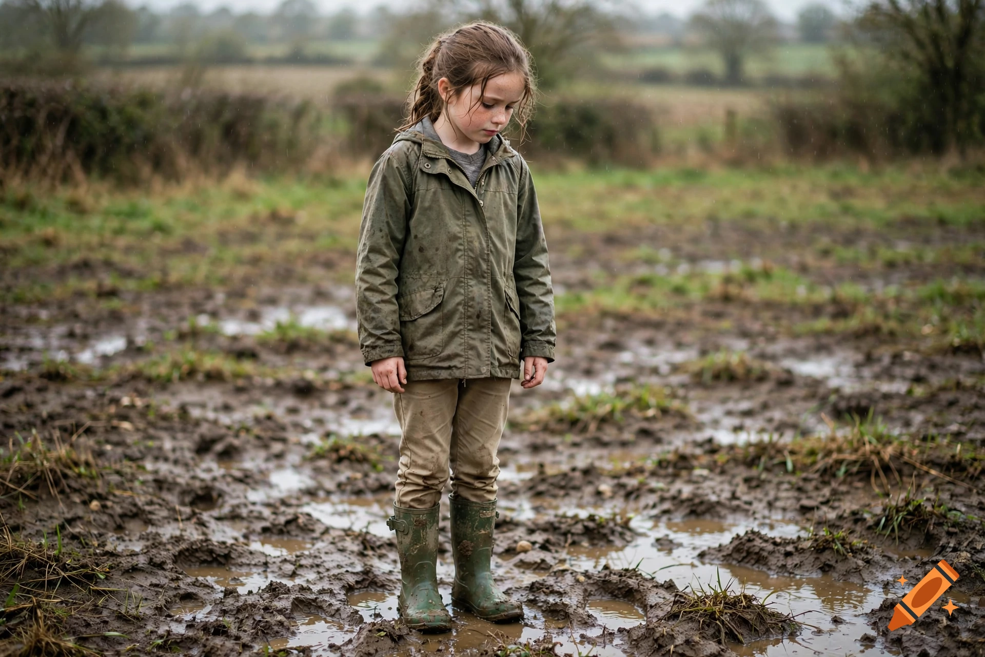Photorealistic image of a young girl standing in a muddy field wearing a green jacket and muddy boots, looking down.