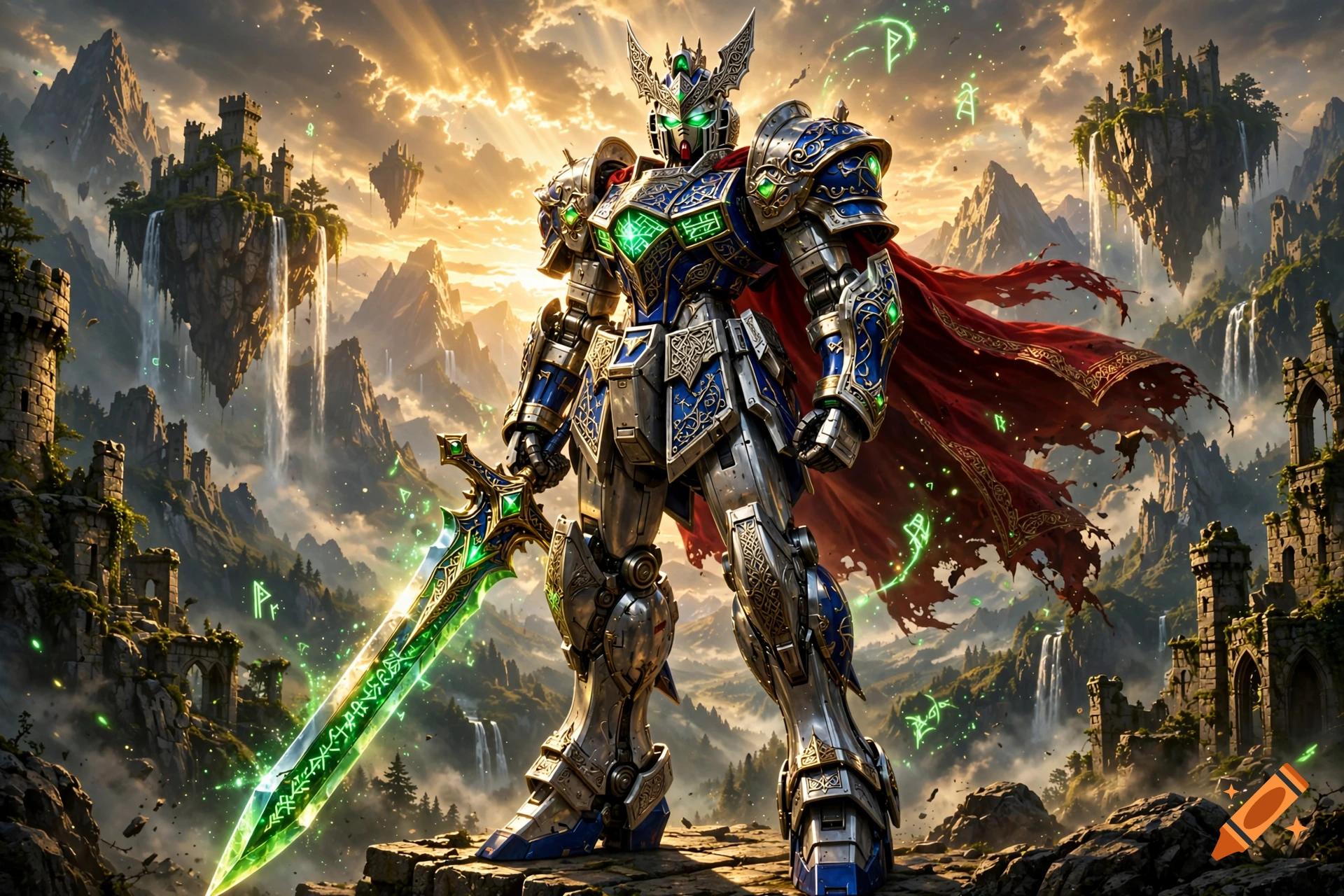 An ornate mecha knight in blue and silver armor wielding a glowing green sword, standing amidst floating fantasy castles.