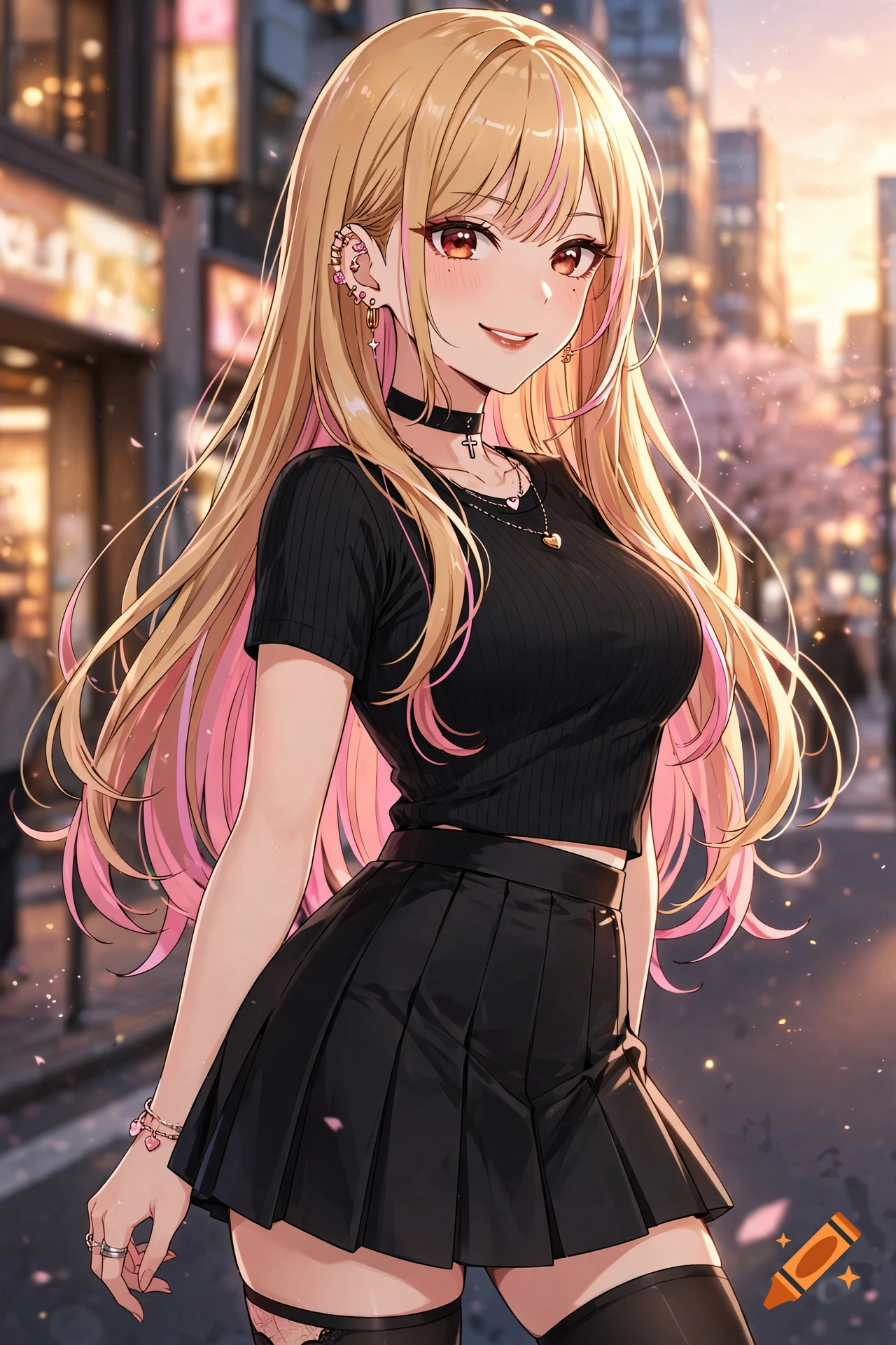 Anime style illustration of Marin Kitagawa with blonde and pink hair wearing a black crop top and pleated skirt on a city street.