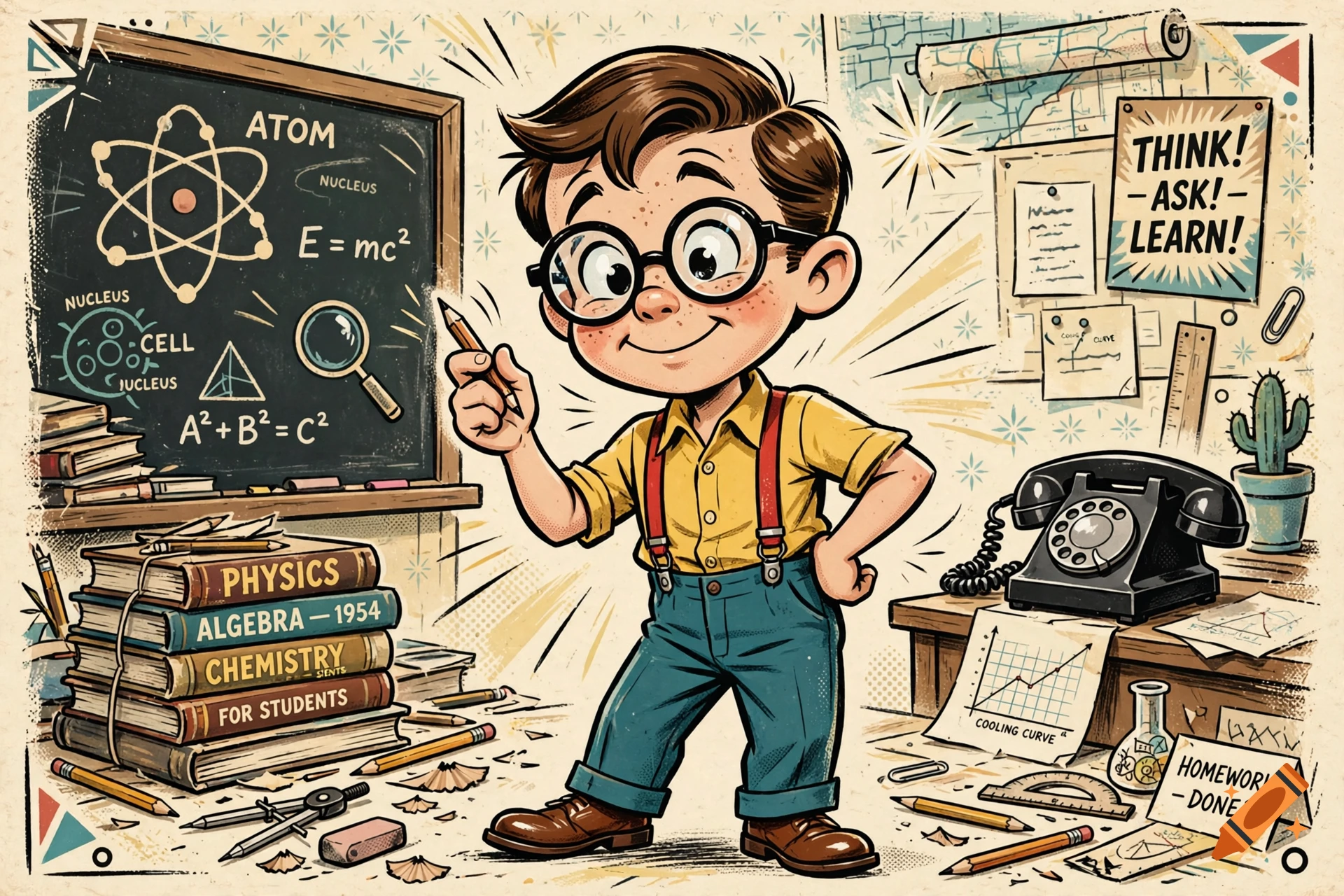 Vintage cartoon illustration of a nerdy young boy with glasses and a yellow shirt holding a pencil in a classroom.