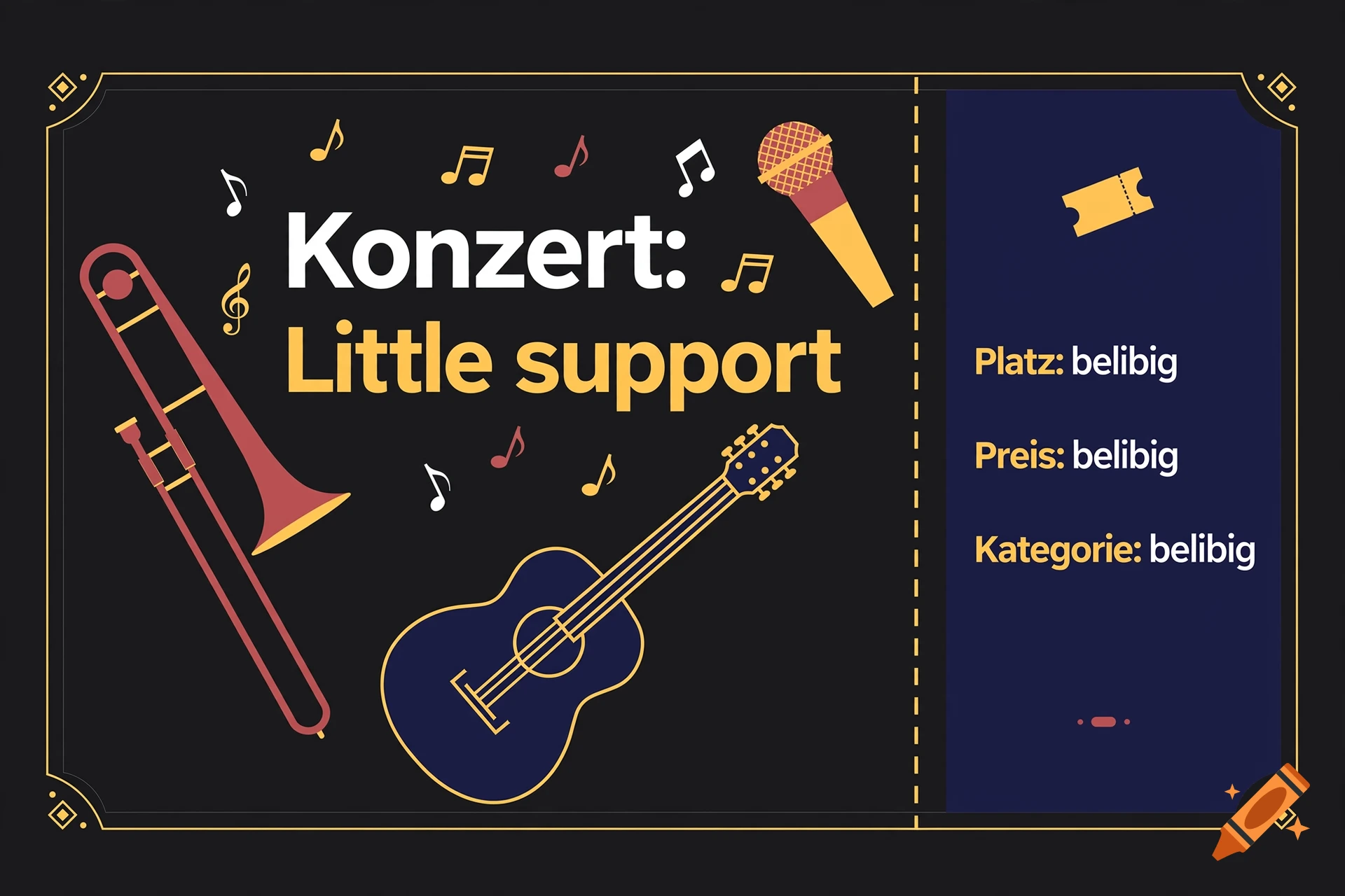 Digital concert ticket illustration with dark background, musical instruments, notes, microphone, and German text.