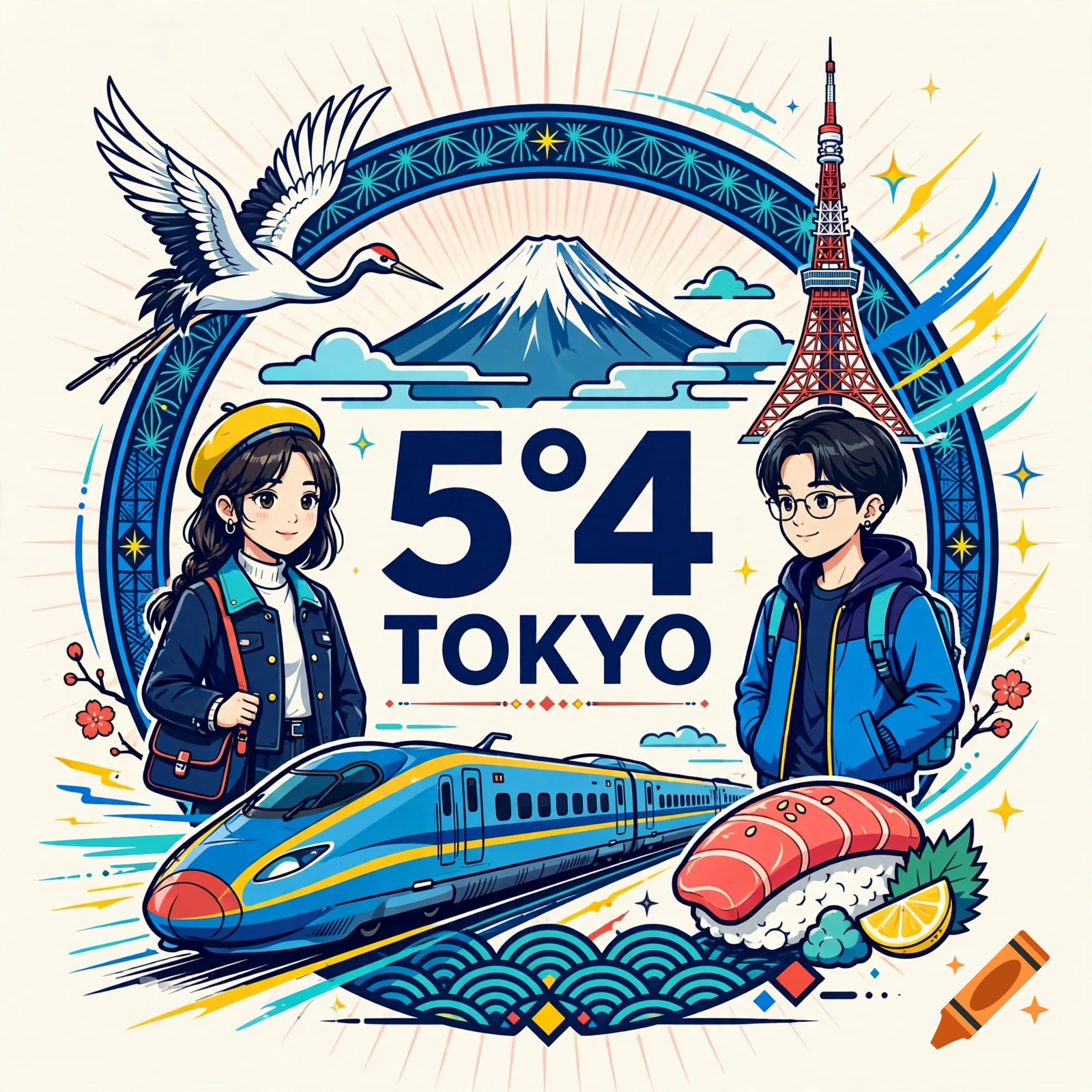 Colorful anime style logo with text 5 degrees 4 Tokyo, Mount Fuji, Tokyo Tower, a bullet train, a crane, and a sushi.