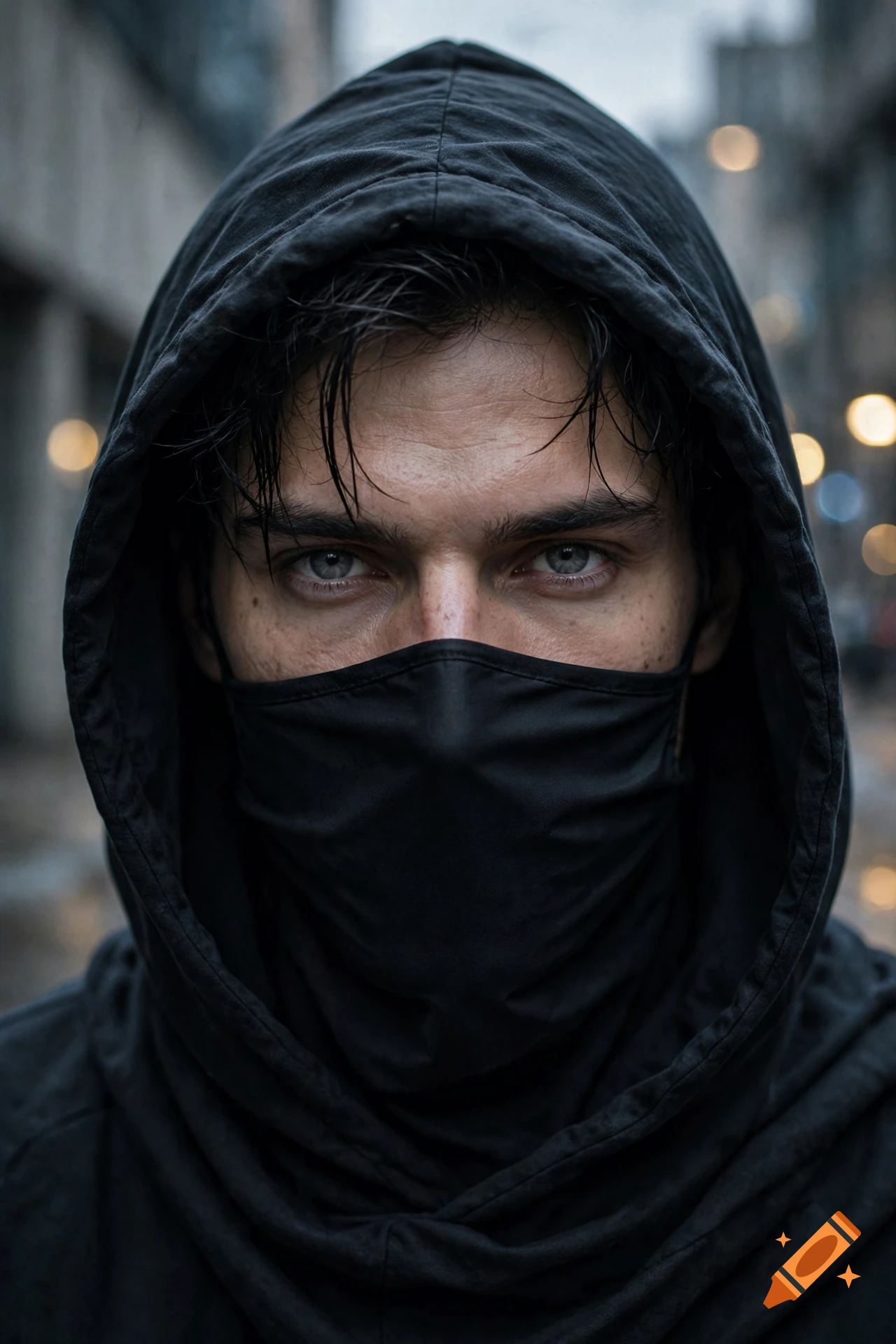 Close-up photorealistic portrait of a man with black hair, grey eyes, wearing a black mask and a hood.