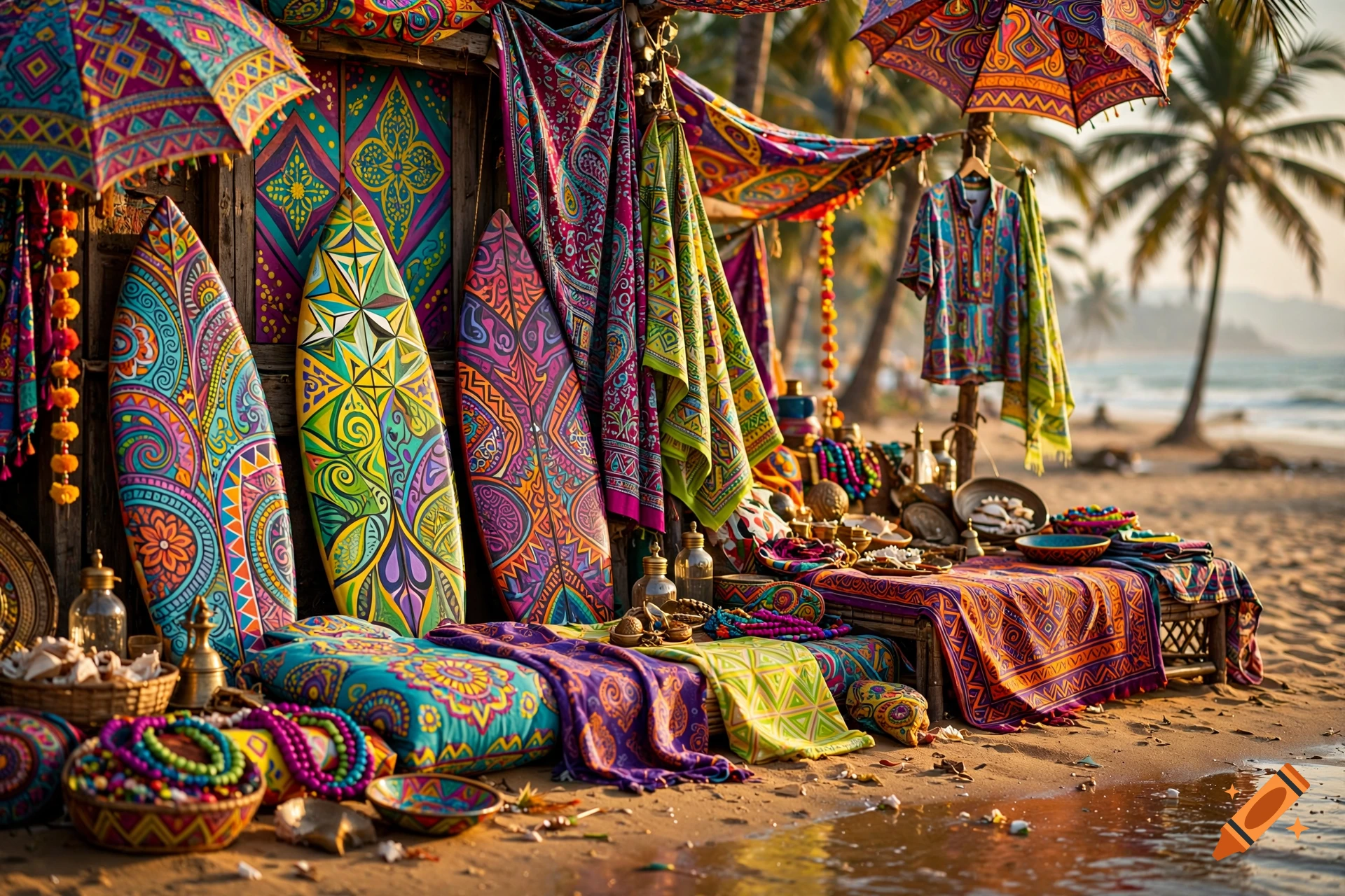 A colorful beach stall with psychedelic patterns, surfboards, and textiles on a sandy beach under palm trees.