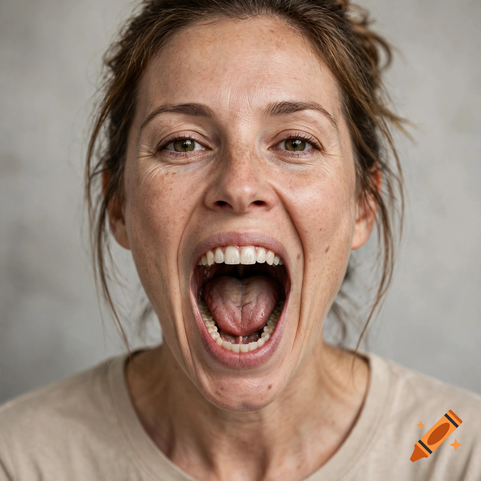 Photorealistic close-up portrait of a woman with freckles opening her mouth extremely wide, showing teeth and tongue.