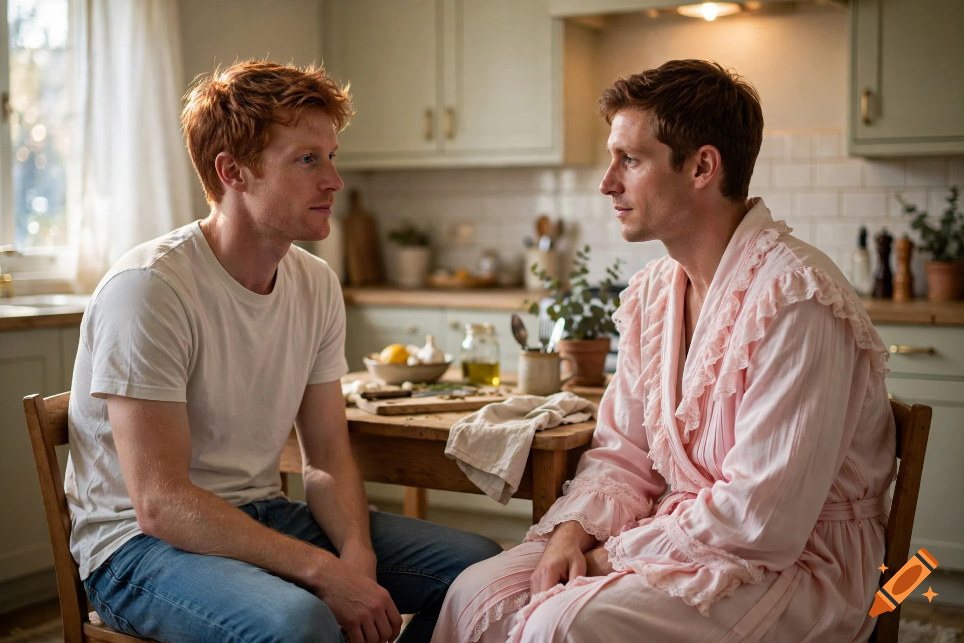 Two young men talking in a kitchen, one wearing a white t-shirt and jeans, the other in a pink robe.