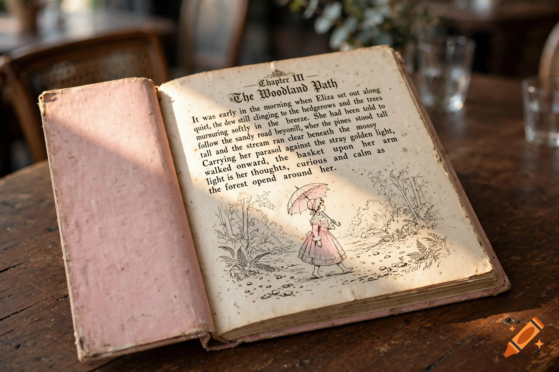 An open antique book on a dark wooden table in a cafe, showing a printed story and an illustration of a girl with a pink parasol.