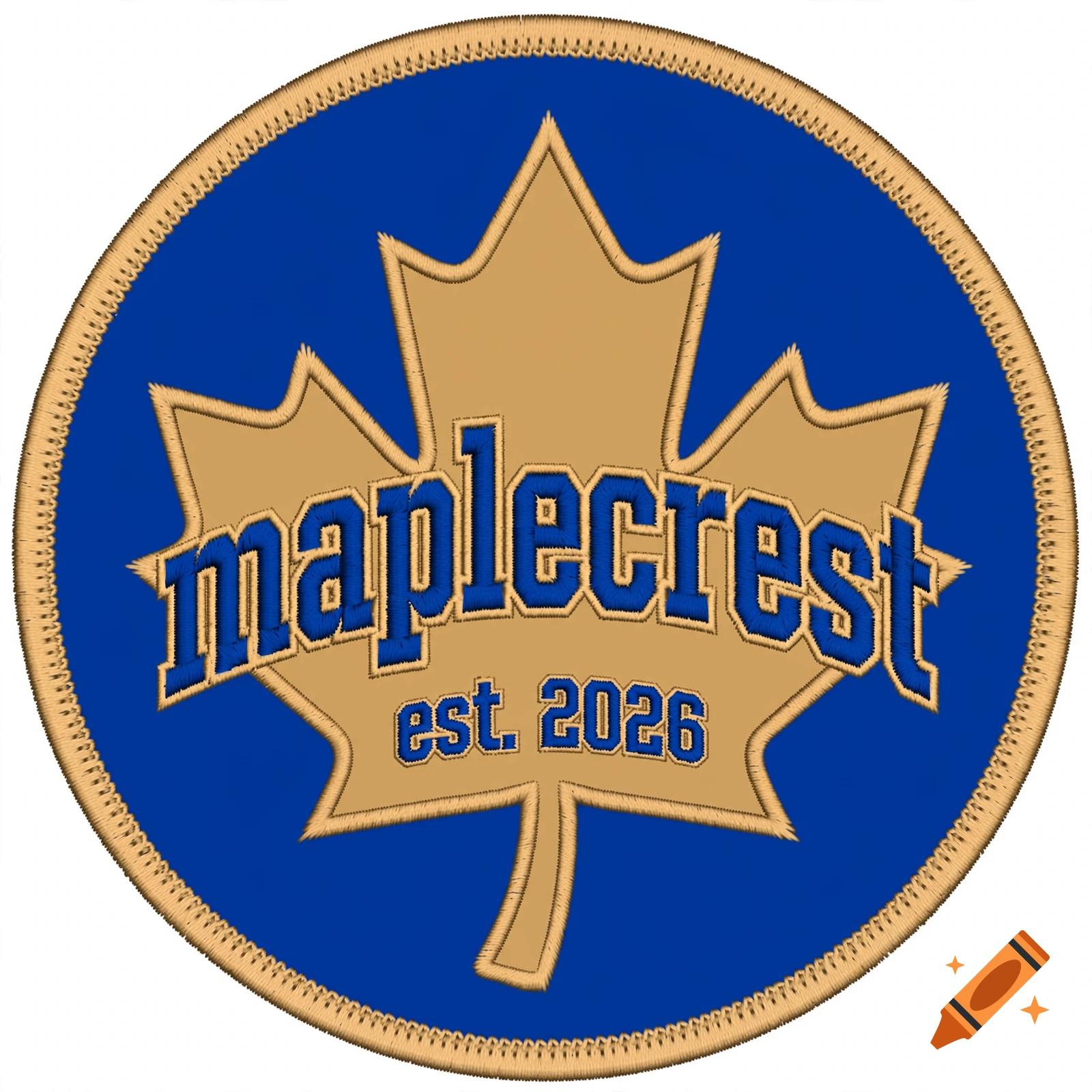 A round blue embroidered patch featuring a tan maple leaf with the text maplecrest and est. 2026.