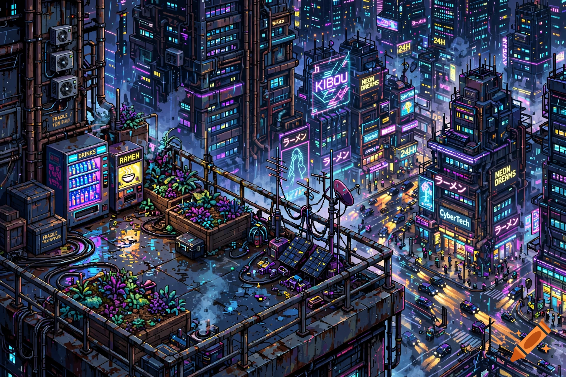 Detailed pixel art isometric cyberpunk city terrace with towering glowing buildings and busy streets below.