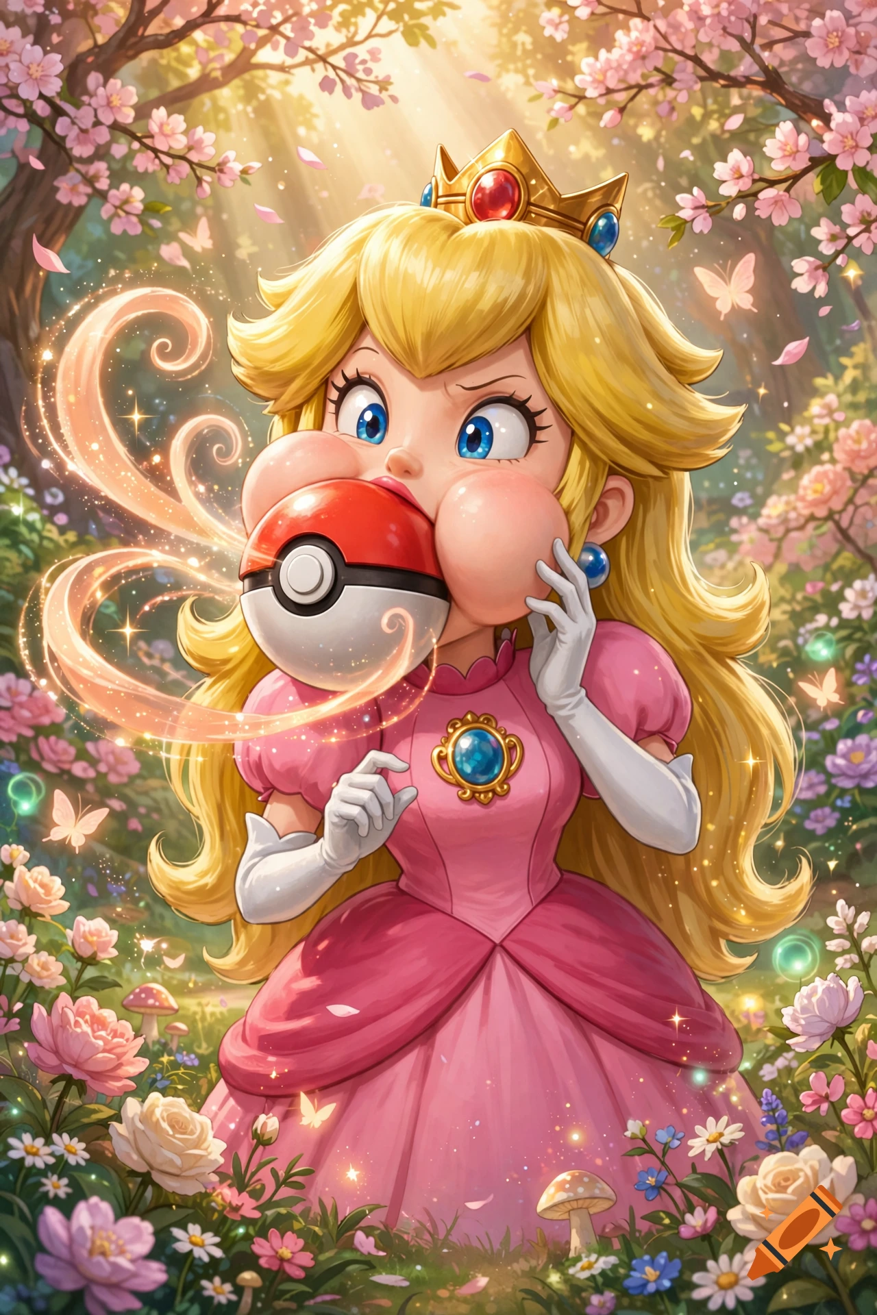 Princess Peach with puffed-out cheeks swallowing a Pokéball in a magical cherry blossom forest, digital art style.