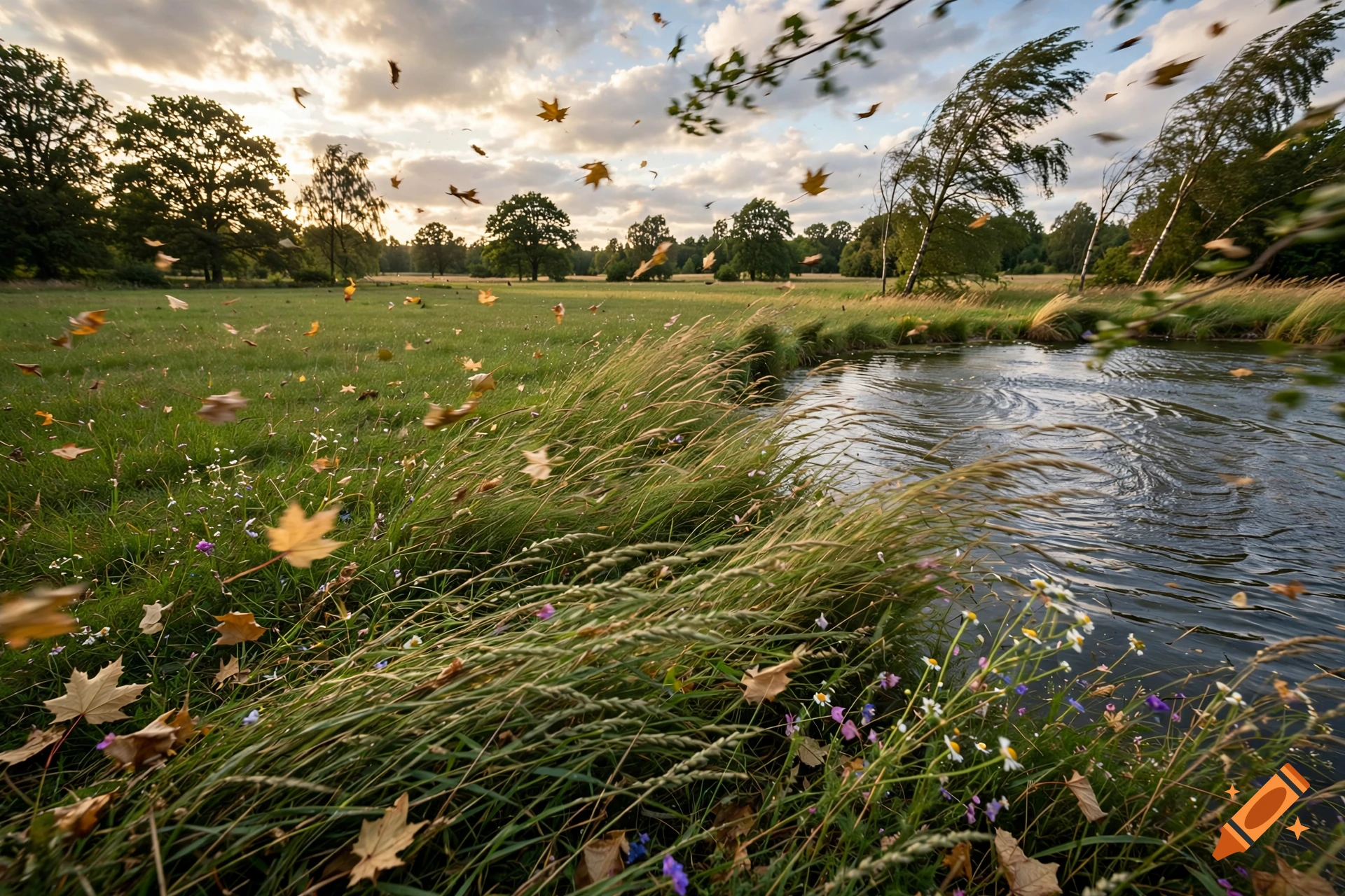 Photorealistic landscape of a grassy meadow beside a pond with wind blowing autumn leaves and tall grass.