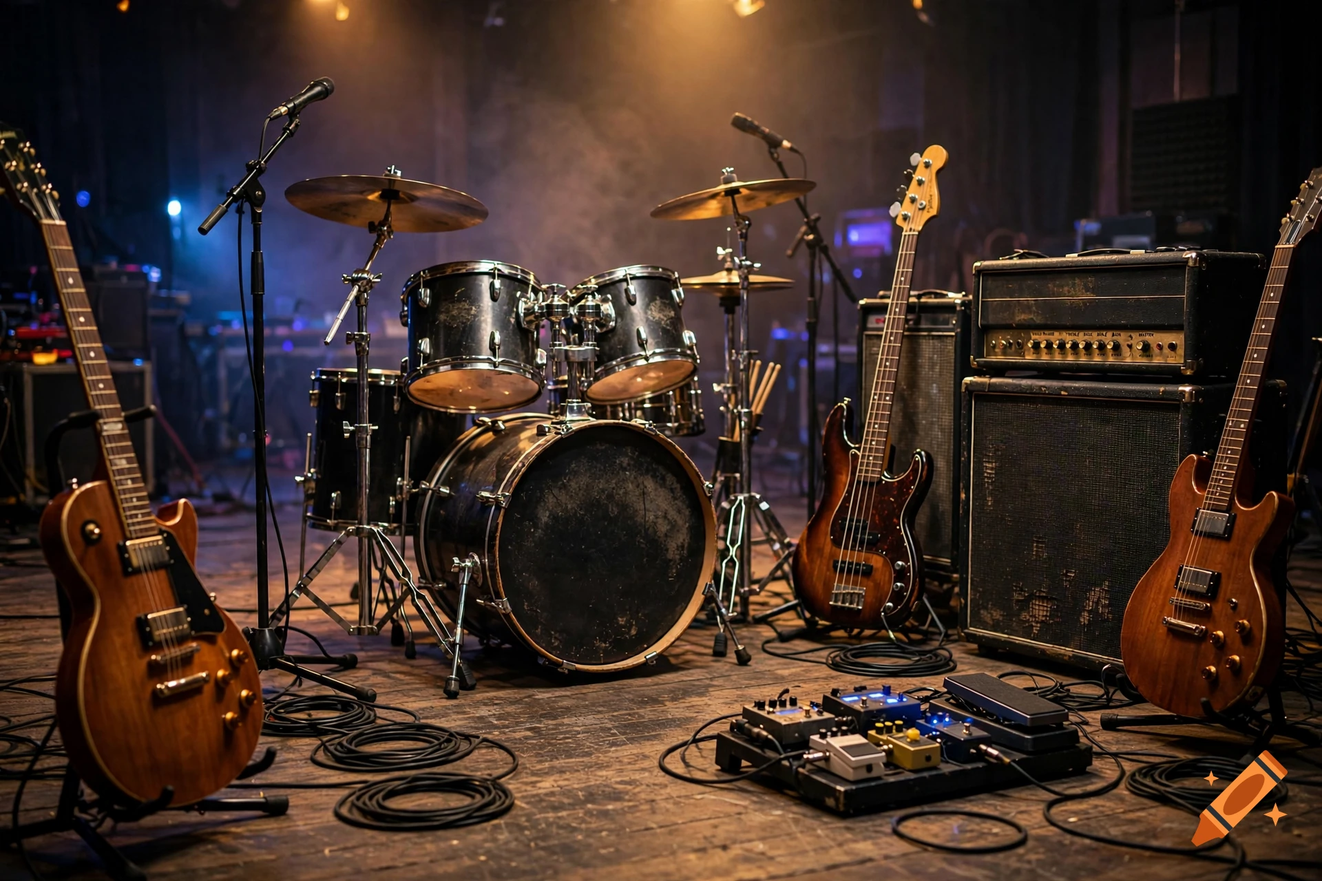 Photorealistic image of a rock band setup on a stage with guitars, a drum kit, microphones, and amplifiers.