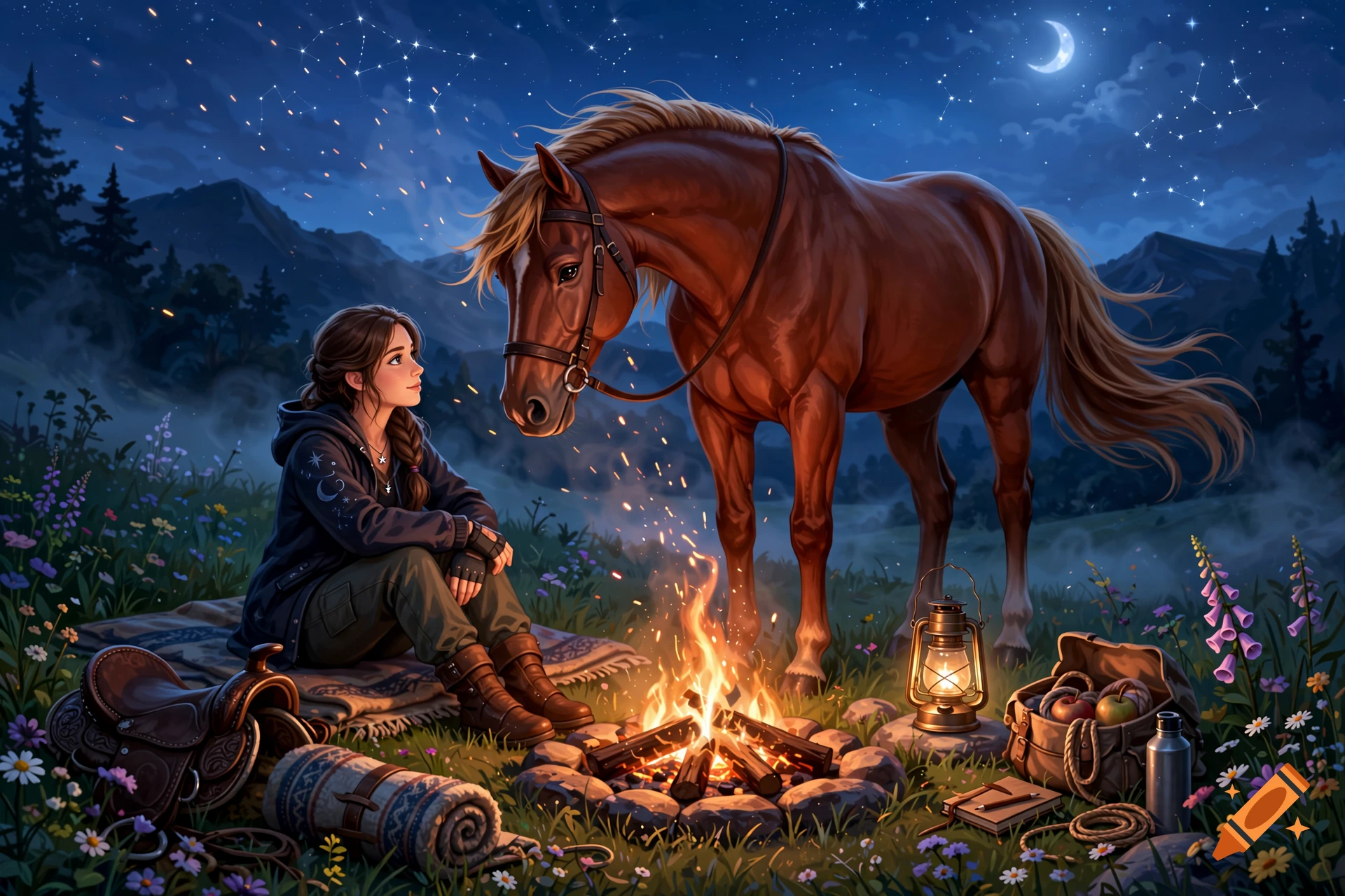 An anime-style digital illustration of a young woman sitting by a campfire at night in a field, looking up at a chestnut horse.