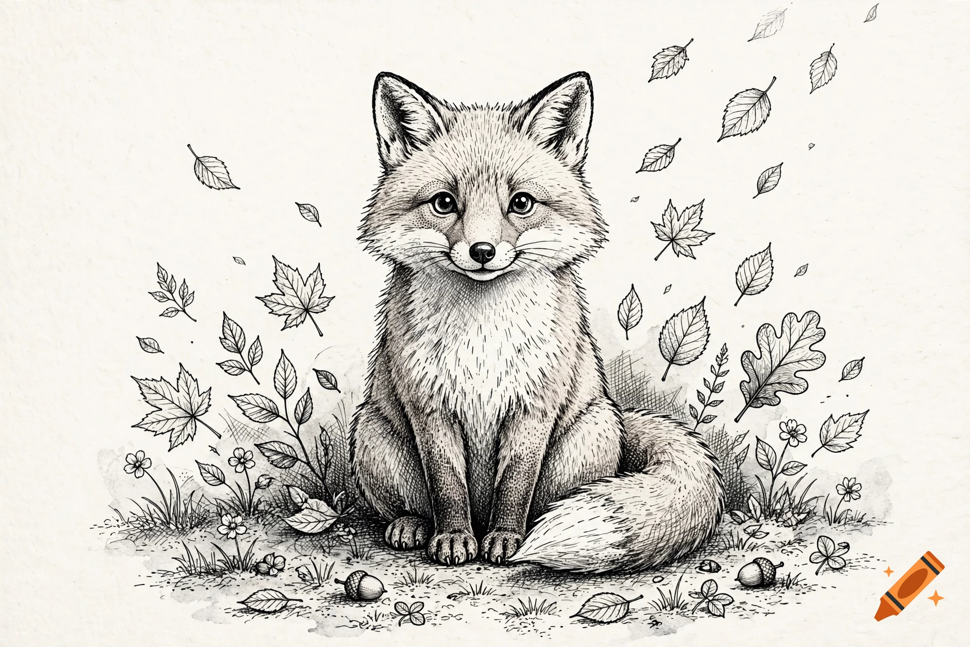 Black and white ink drawing of a cute fox sitting among fallen autumn leaves and grass.
