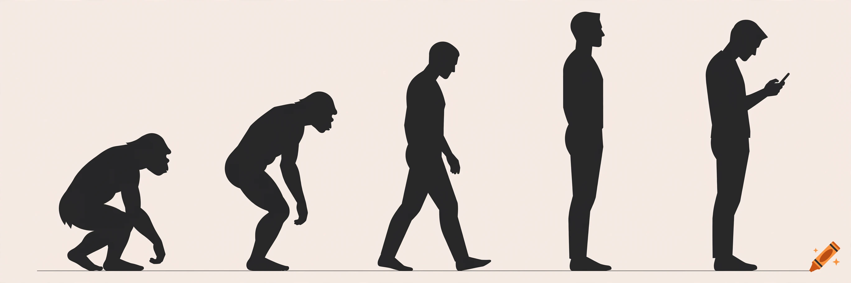 Silhouette evolution of man progressing from ape to a modern human looking at a smartphone.