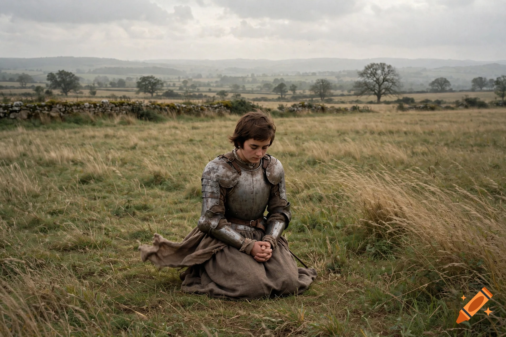 Wide shot of a person in medieval armor kneeling and praying in a grassy field under a cloudy sky, 1970s film aesthetic.