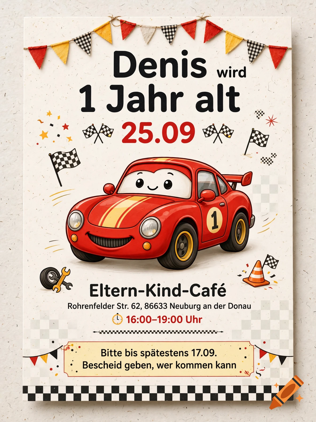 Birthday invitation poster featuring a cute red cartoon race car with a number one, party flags, and German event details.