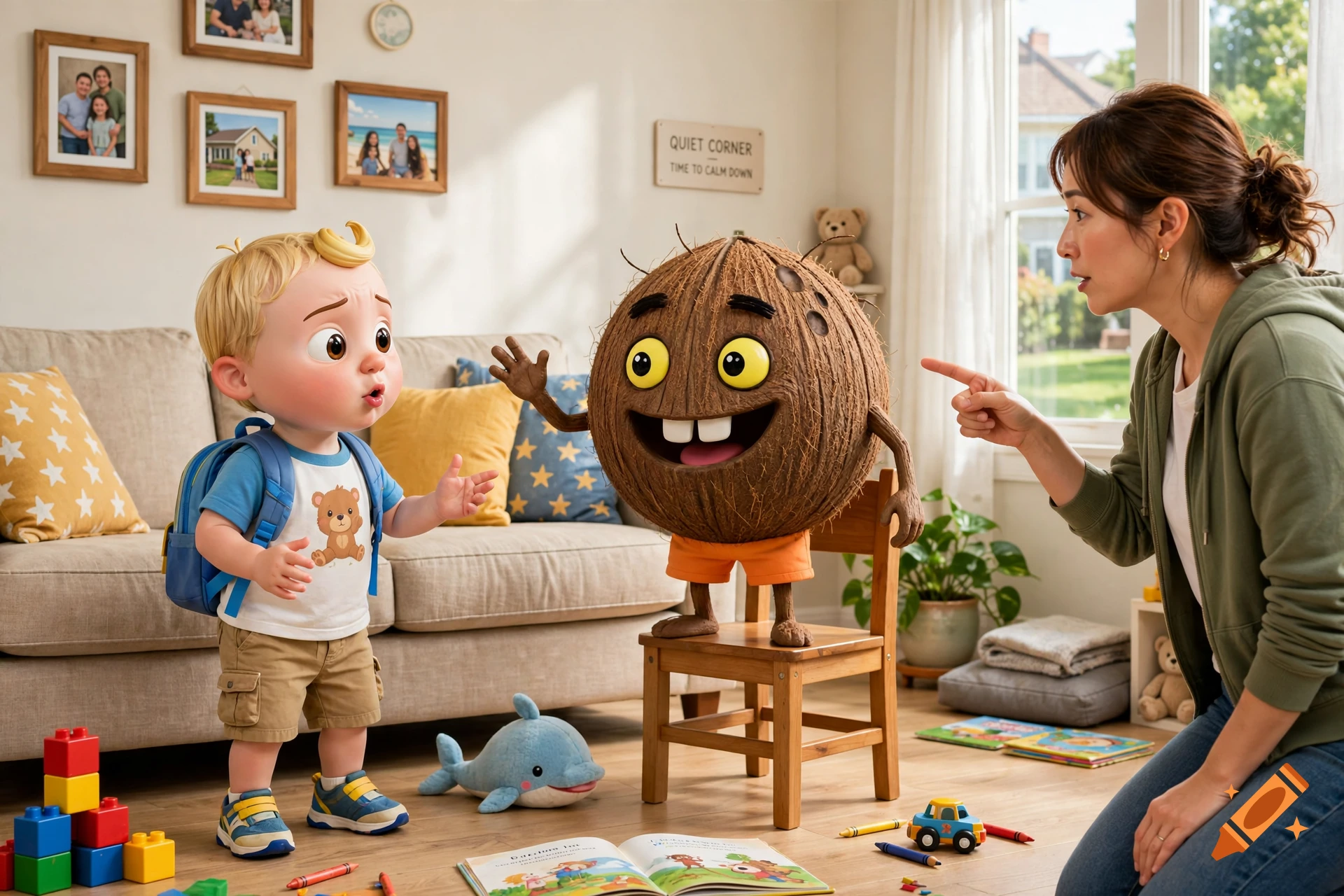 3D animated scene of a young boy character and a coconut character talking in a living room while a woman points at them.