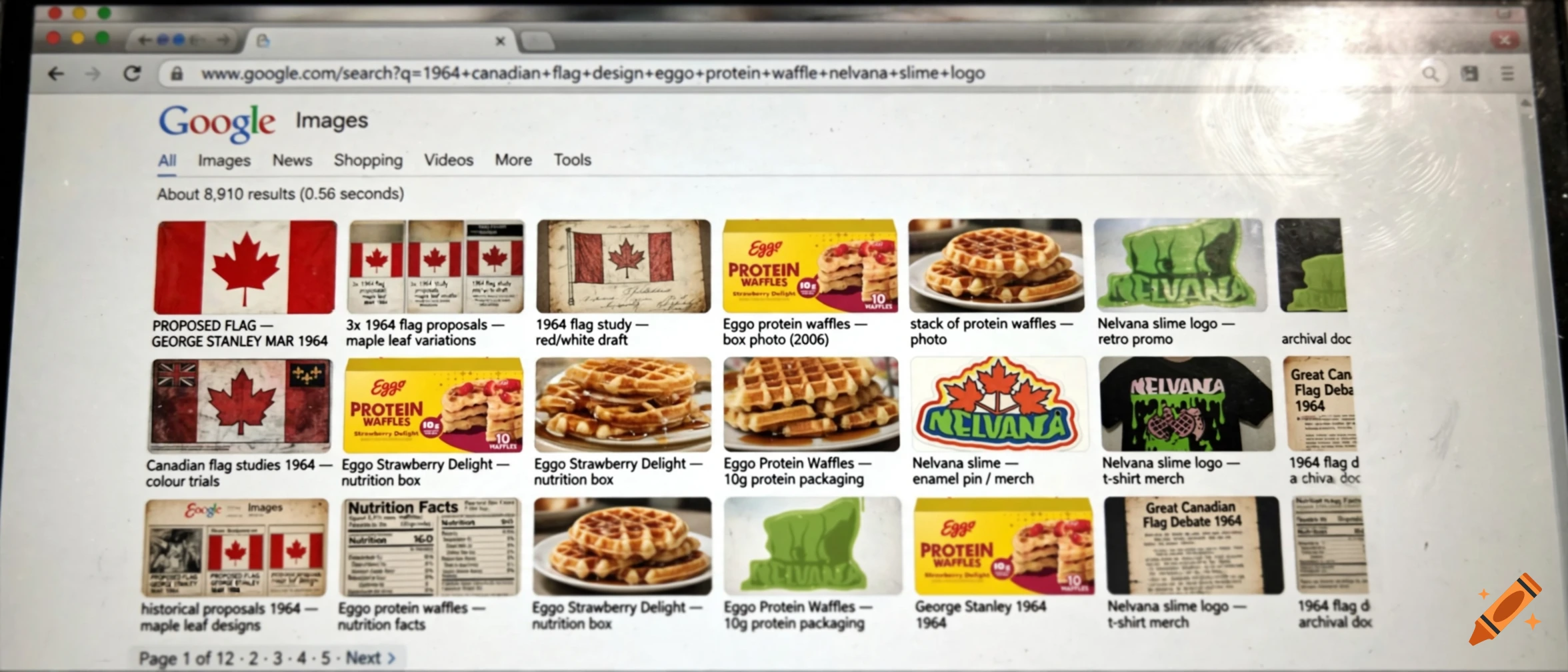 A computer screen showing a Google Images search results page for 1964 Canadian flags, protein waffles, and slime logos.