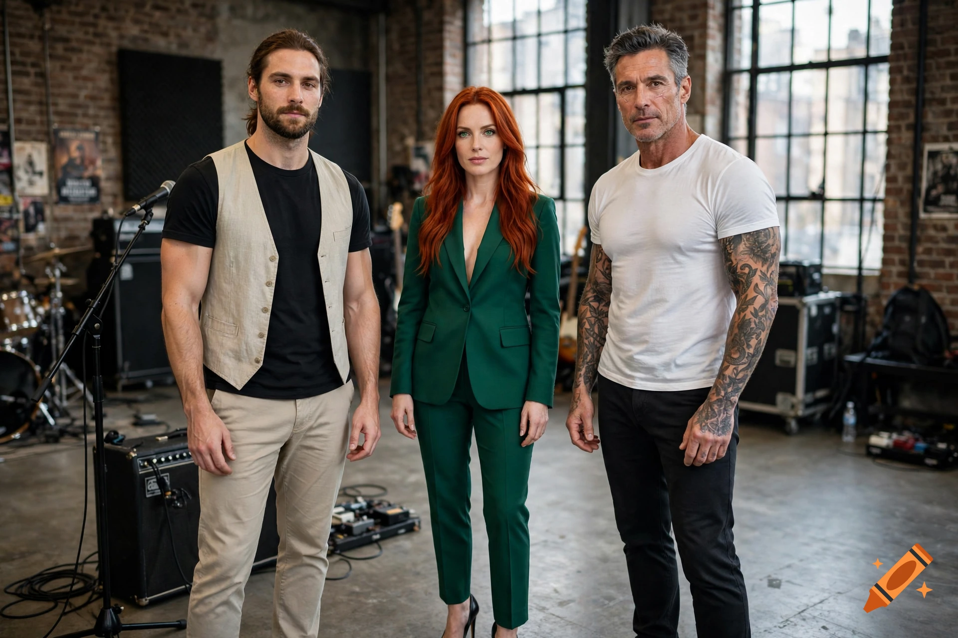 Photorealistic image of three people, a male musician, a woman in a green suit, and a tattooed man in a white t-shirt, standing in a brick studio.