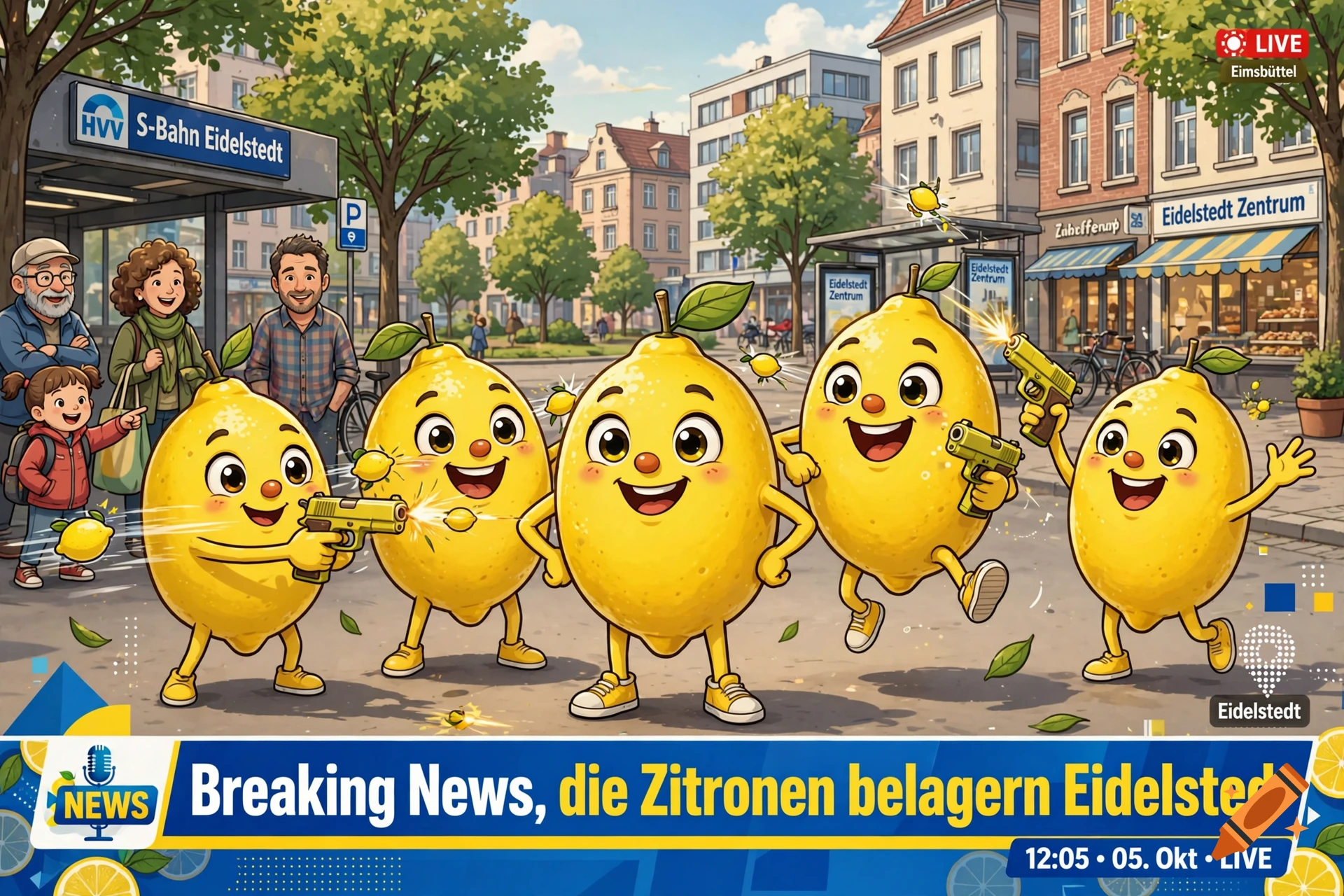 Animated news broadcast title image featuring cartoon lemon characters holding toy guns in Eidelstedt.