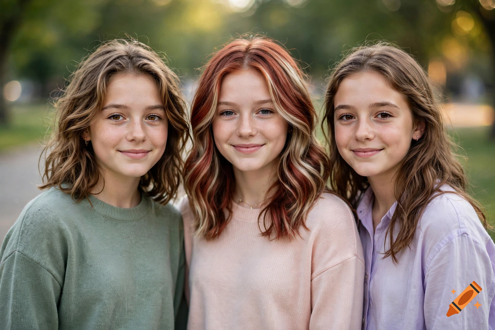 Photorealistic portrait of three young girls smiling together outdoors in a park.