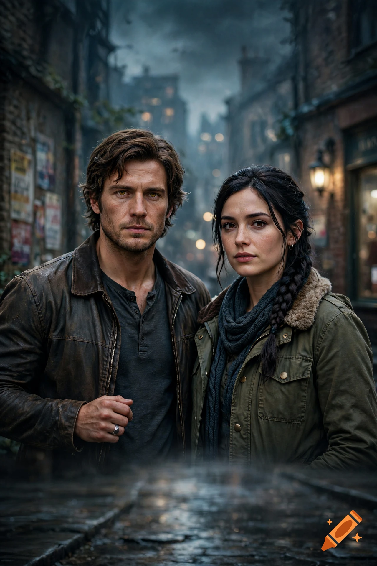 Photorealistic portrait of a man and woman standing together in a gloomy medieval street at dusk.
