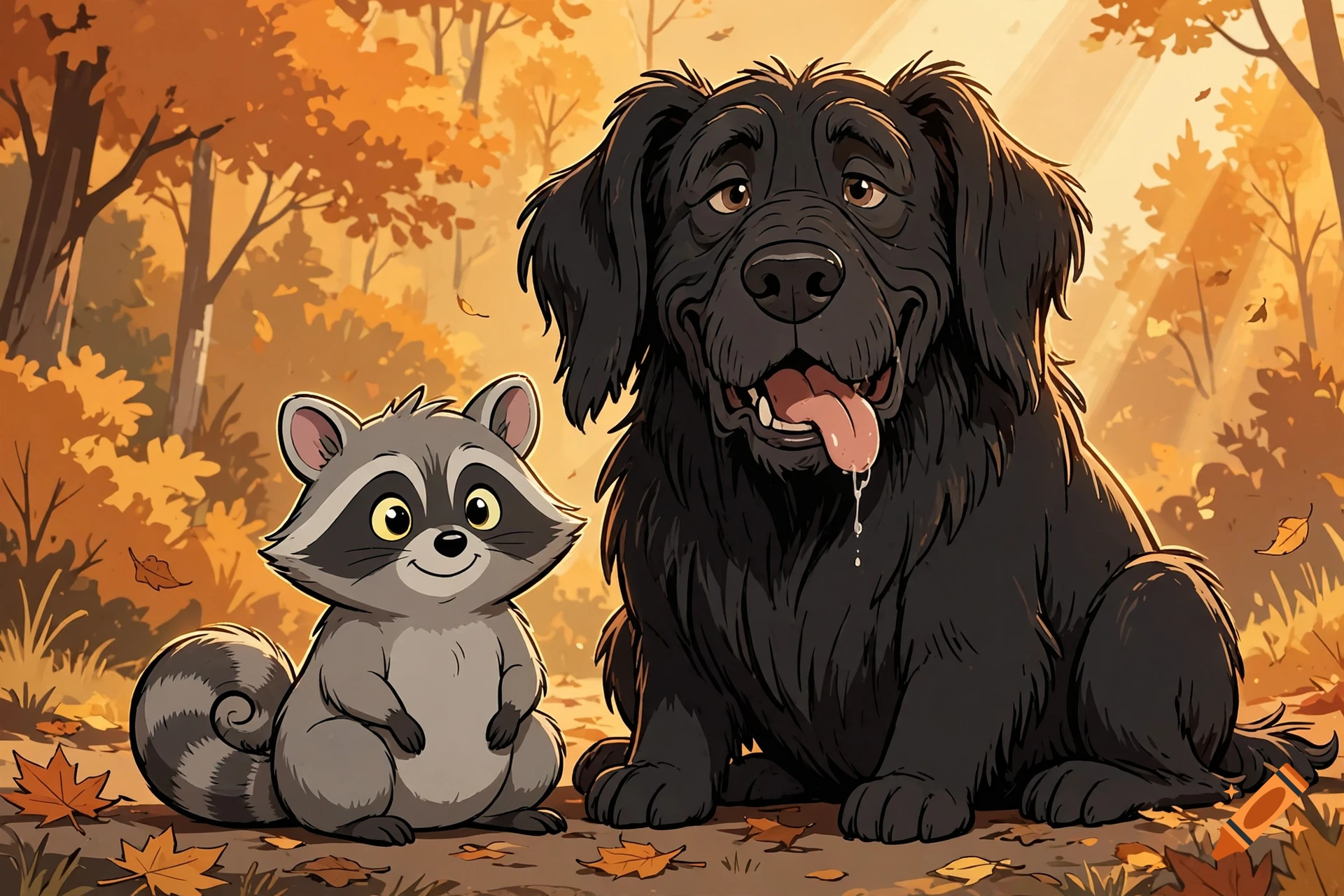 An animated illustration of a round gray raccoon and a large black shaggy dog sitting together in an autumn forest.