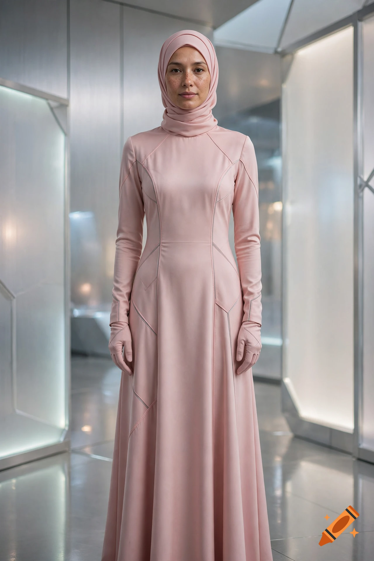 Photorealistic full-length portrait of a woman wearing a modest pink futuristic dress, hijab, and matching gloves in a modern corridor.
