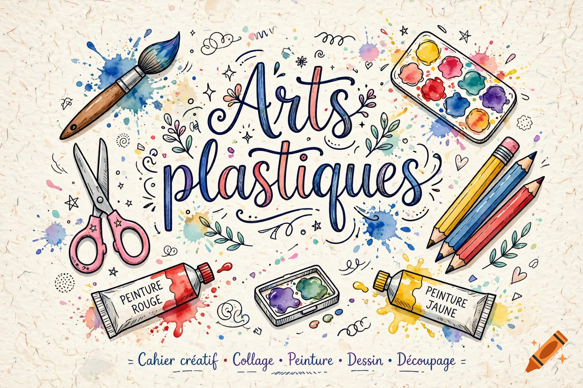 An illustration with art supplies including a paintbrush, paint tubes, watercolor palette, colored pencils, and scissors, surrounding the text Arts plastiques.