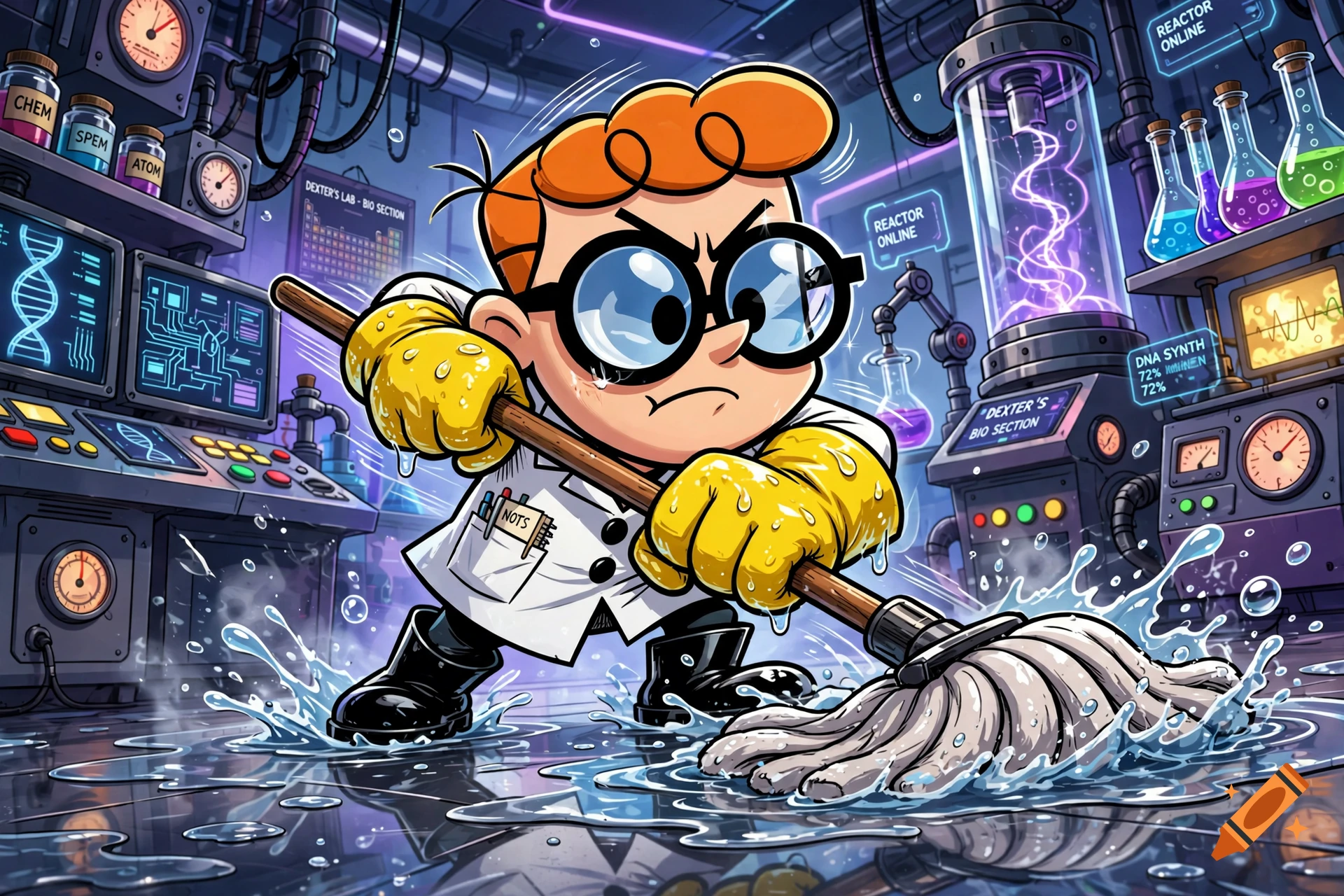 Digital illustration of Dexter from Dexter's Laboratory angrily mopping a wet laboratory floor with yellow gloves.