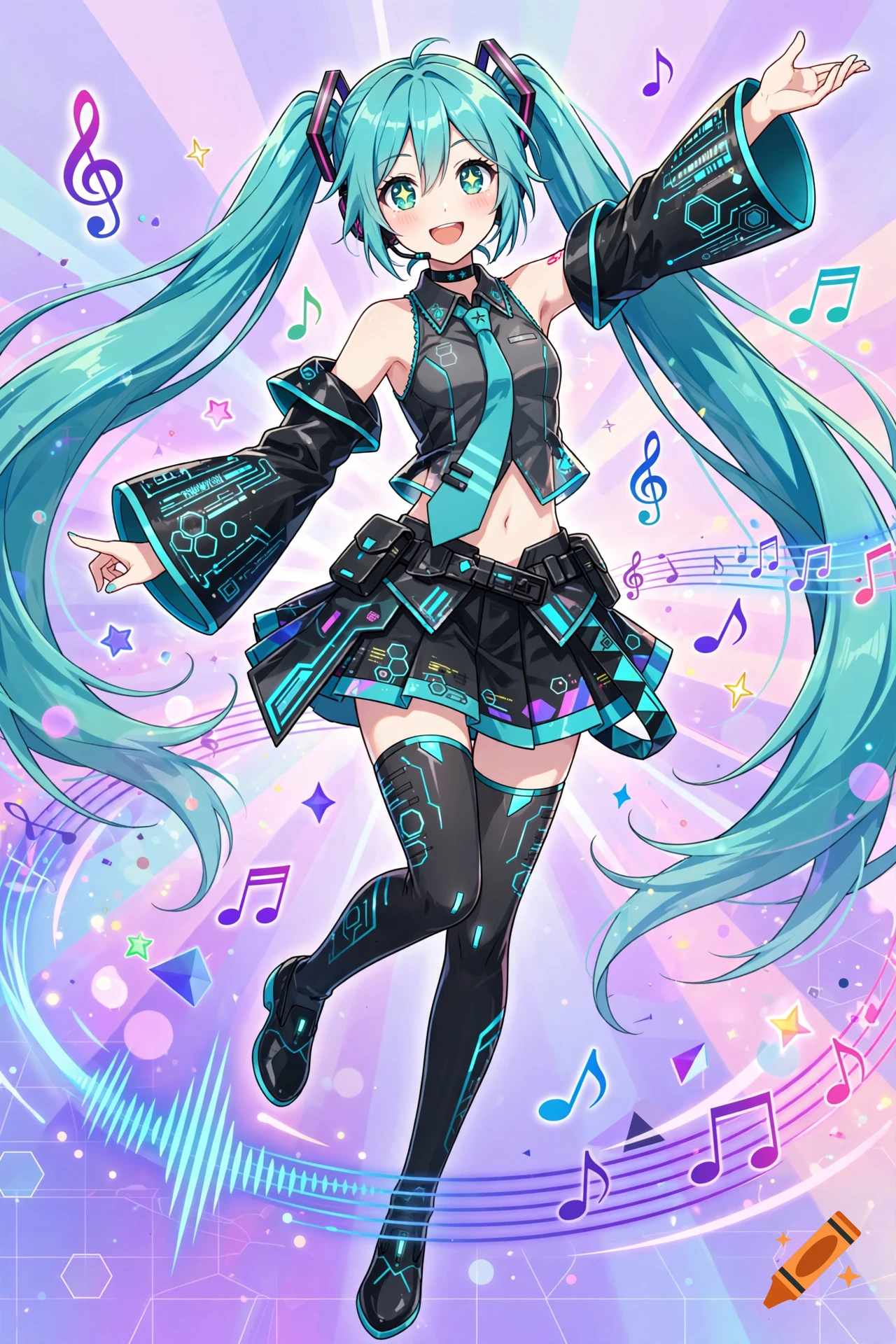 Vibrant anime illustration of Hatsune Miku dancing with musical notes and soundwaves in the background.