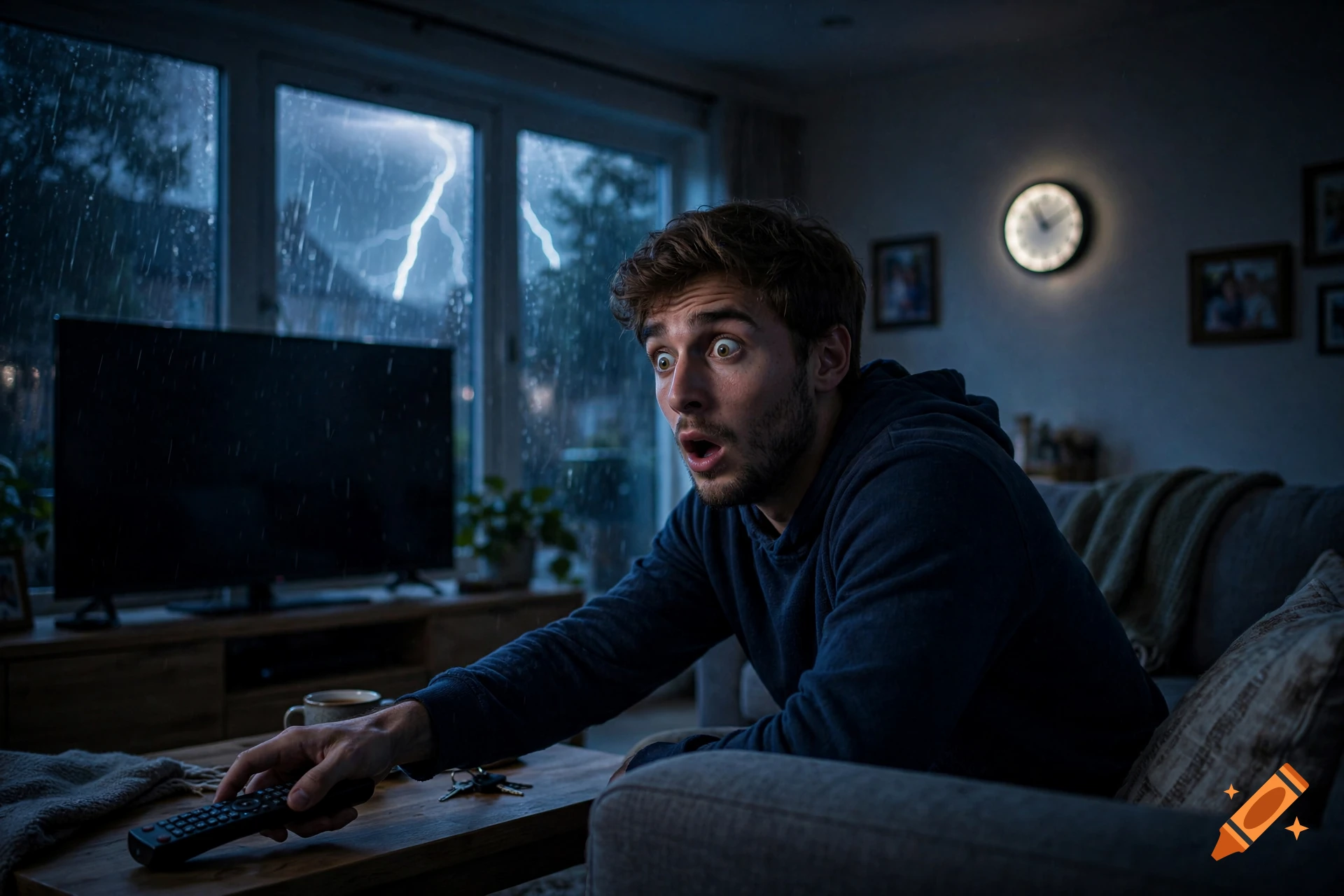 Photorealistic scene of a shocked young man in a living room holding a remote control while looking at a lightning storm outside the window.