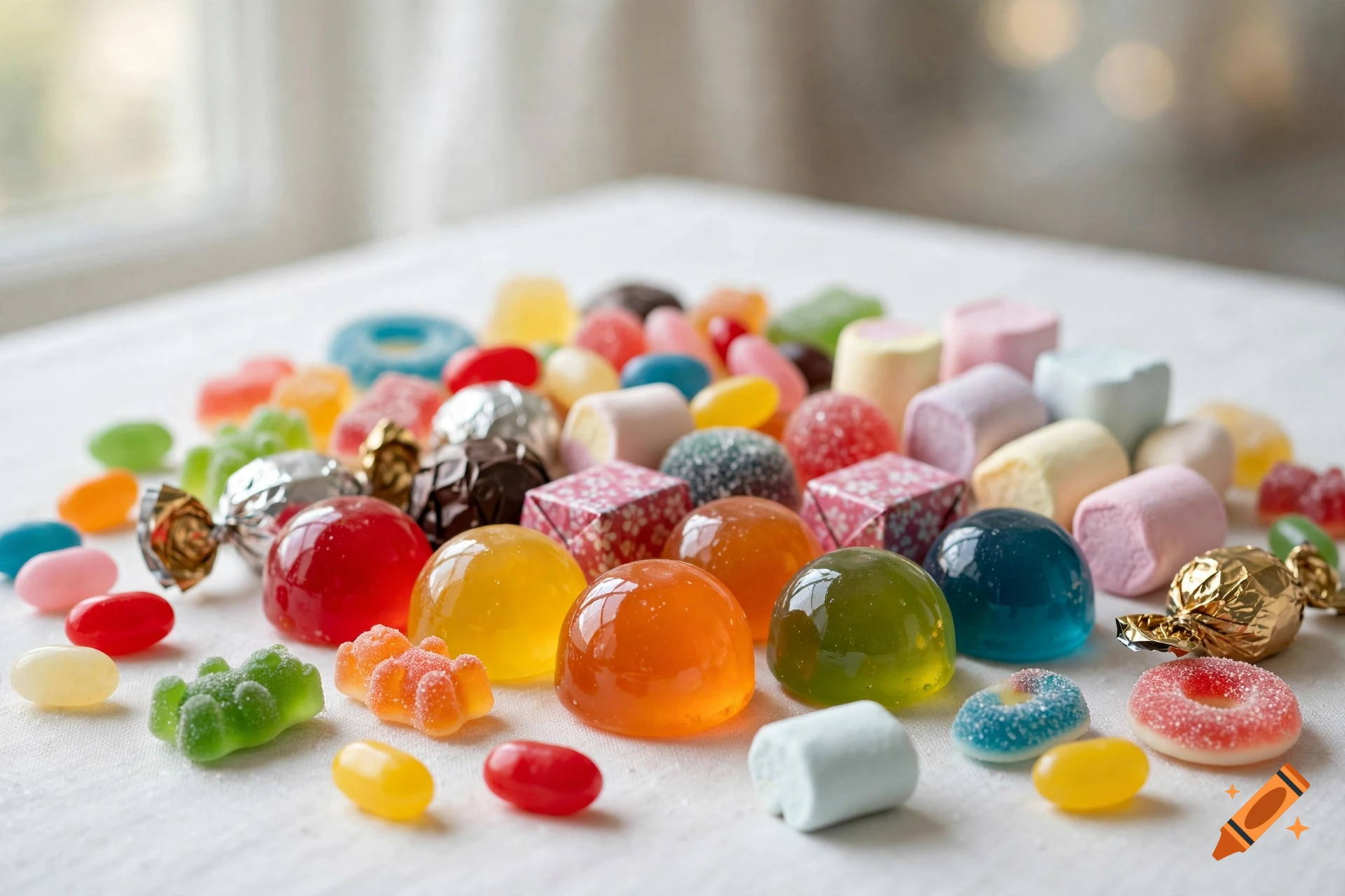 An assortment of colorful candies, gummies, marshmallows, and jelly domes on a white tablecloth.