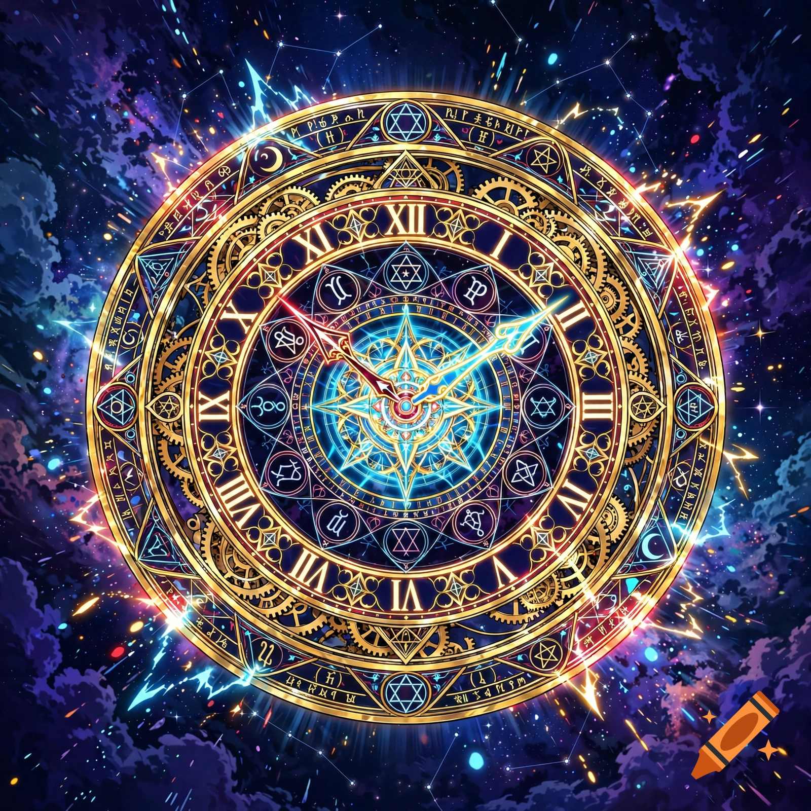 An ornate magic circle designed like a clock face with Roman numerals and starry space background in a Yu-Gi-Oh art style.